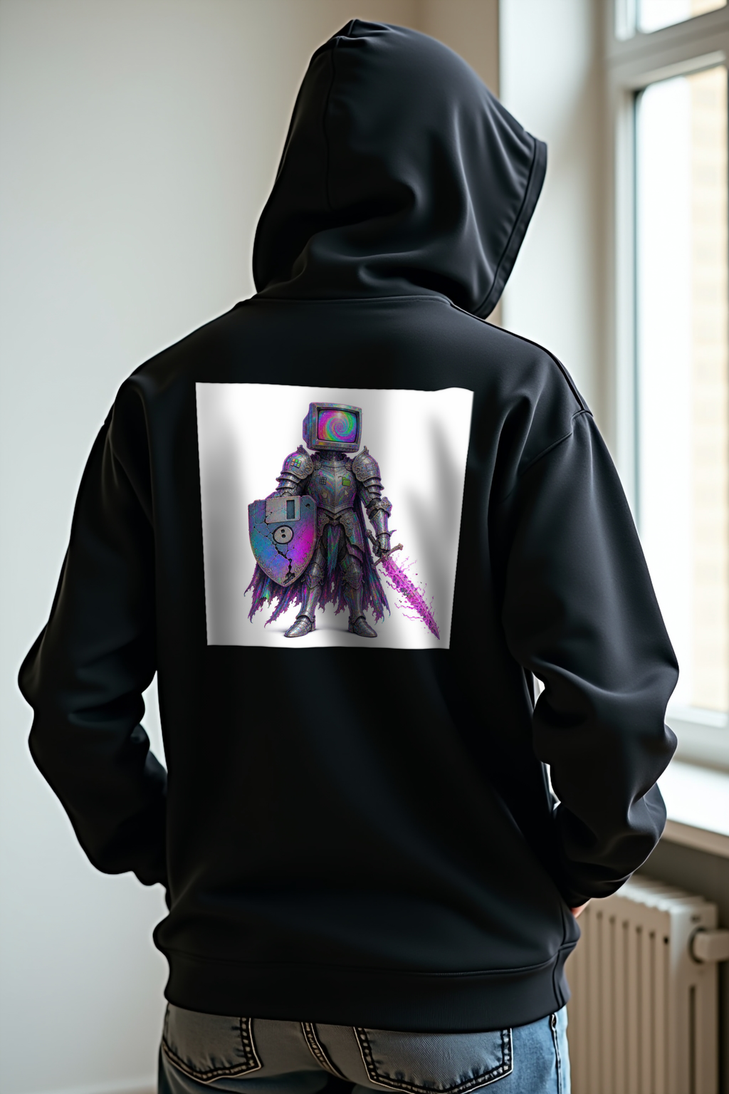 CRT-Head Knight hoodie - black mannequin back view
