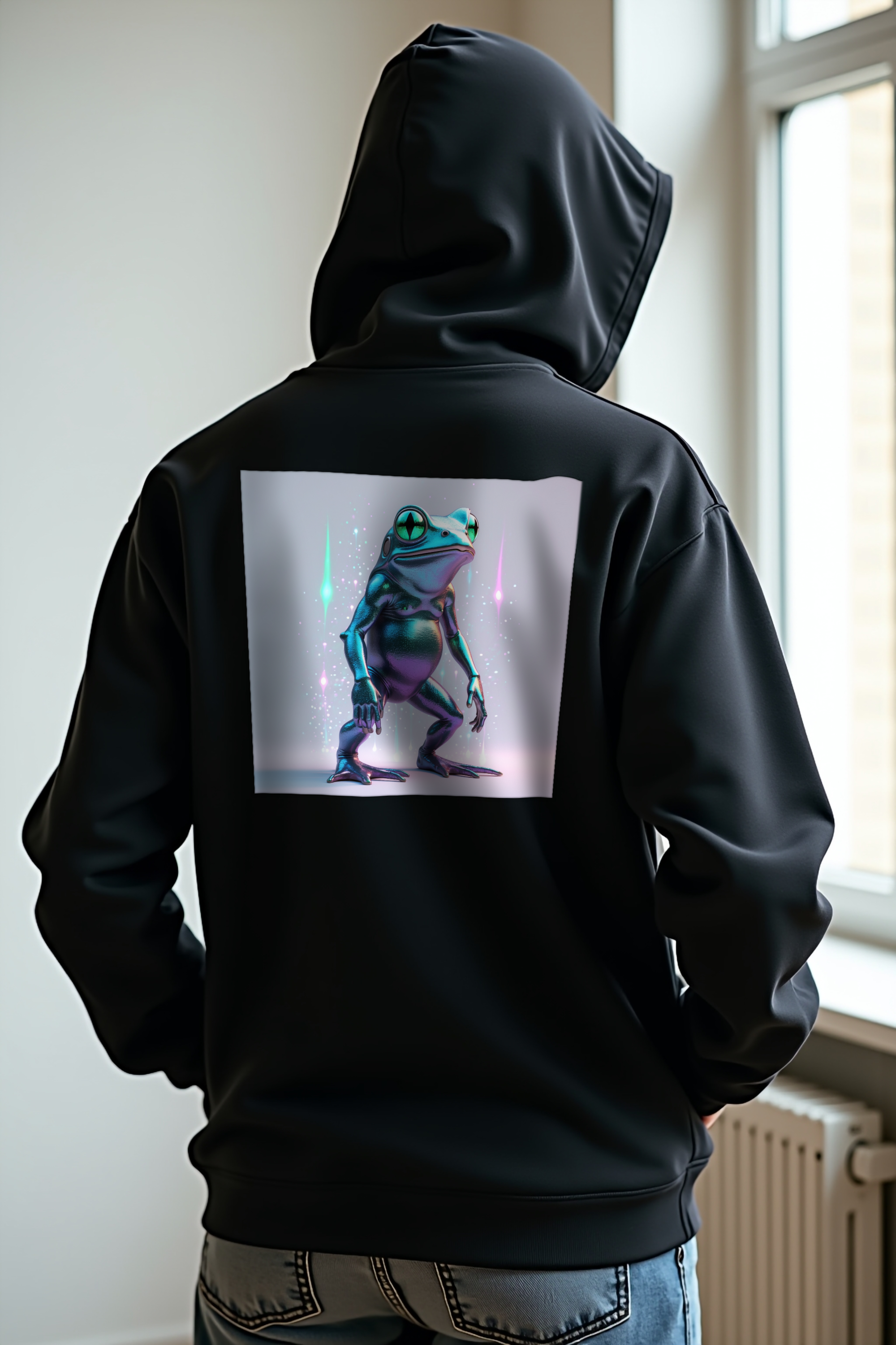 Loveland Frog Hoodie - black mockup, back view, hands in pockets