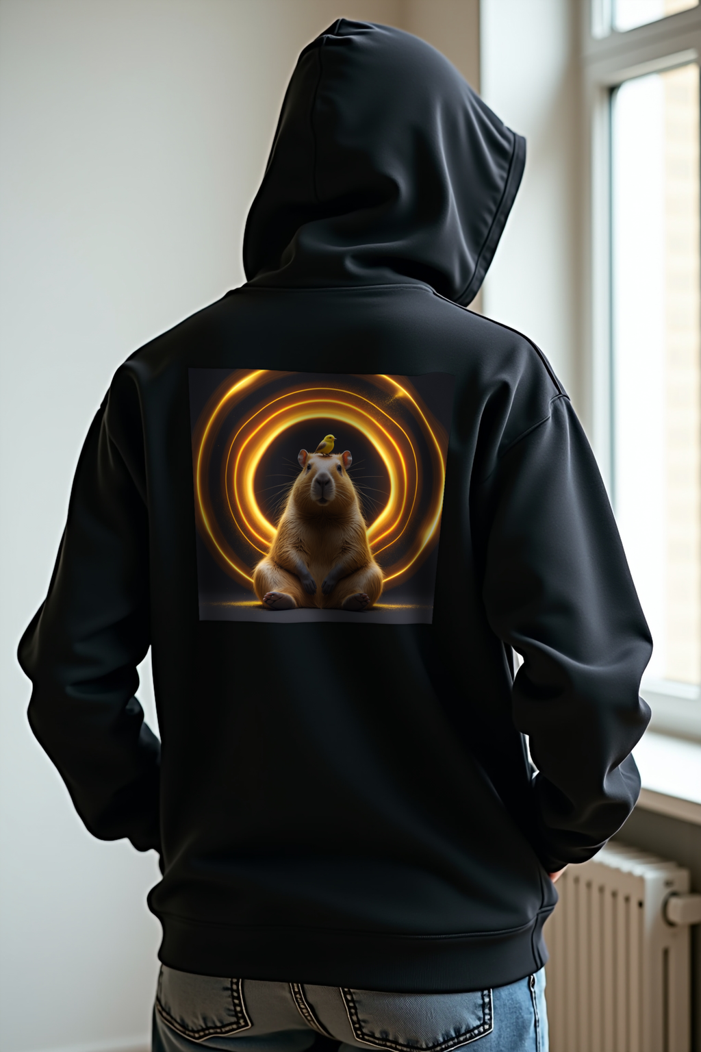 Unbothered King Capybara hoodie black hands pockets back