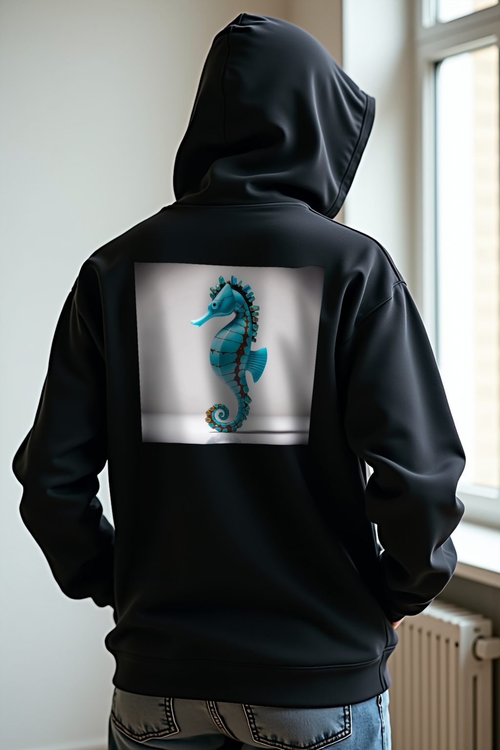 Turquoise Seahorse Hoodie - Black - Hands in pockets back
