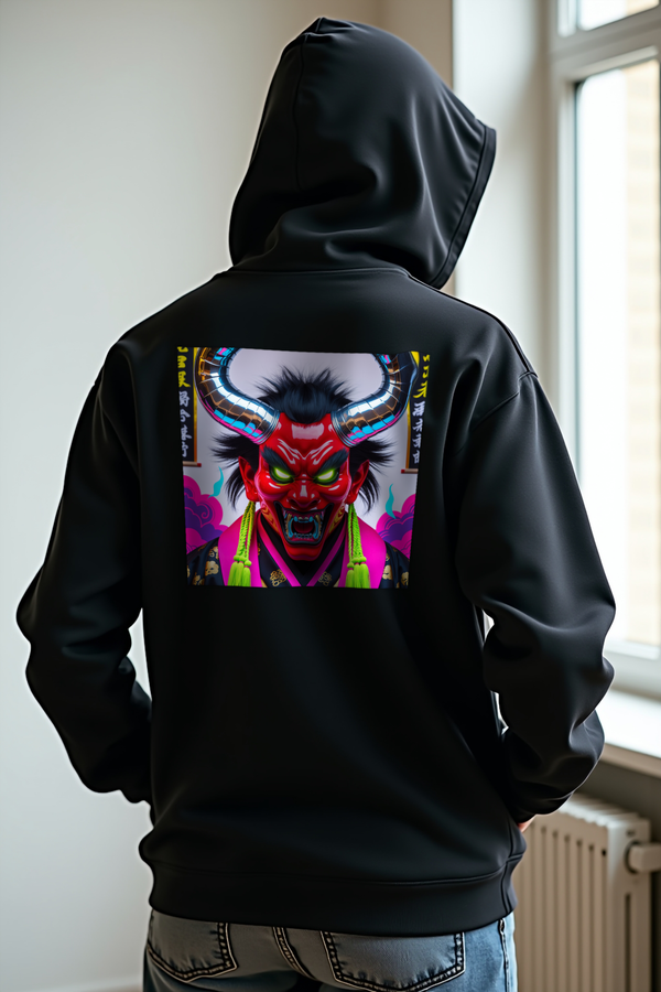 Electric Oni Mask Hoodie Black Hands Pockets Back
