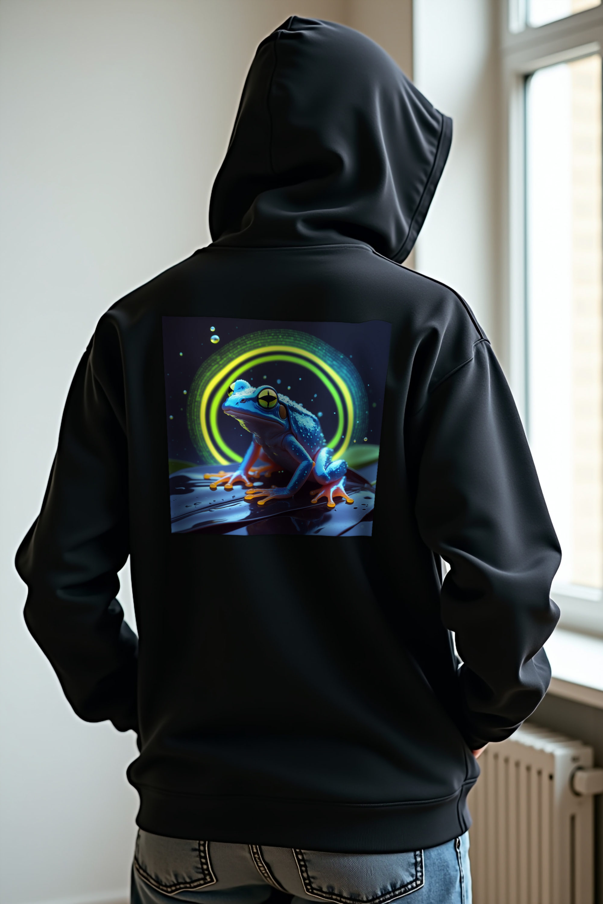Tiny But Lethal Dart Frog hoodie black hands in pockets back