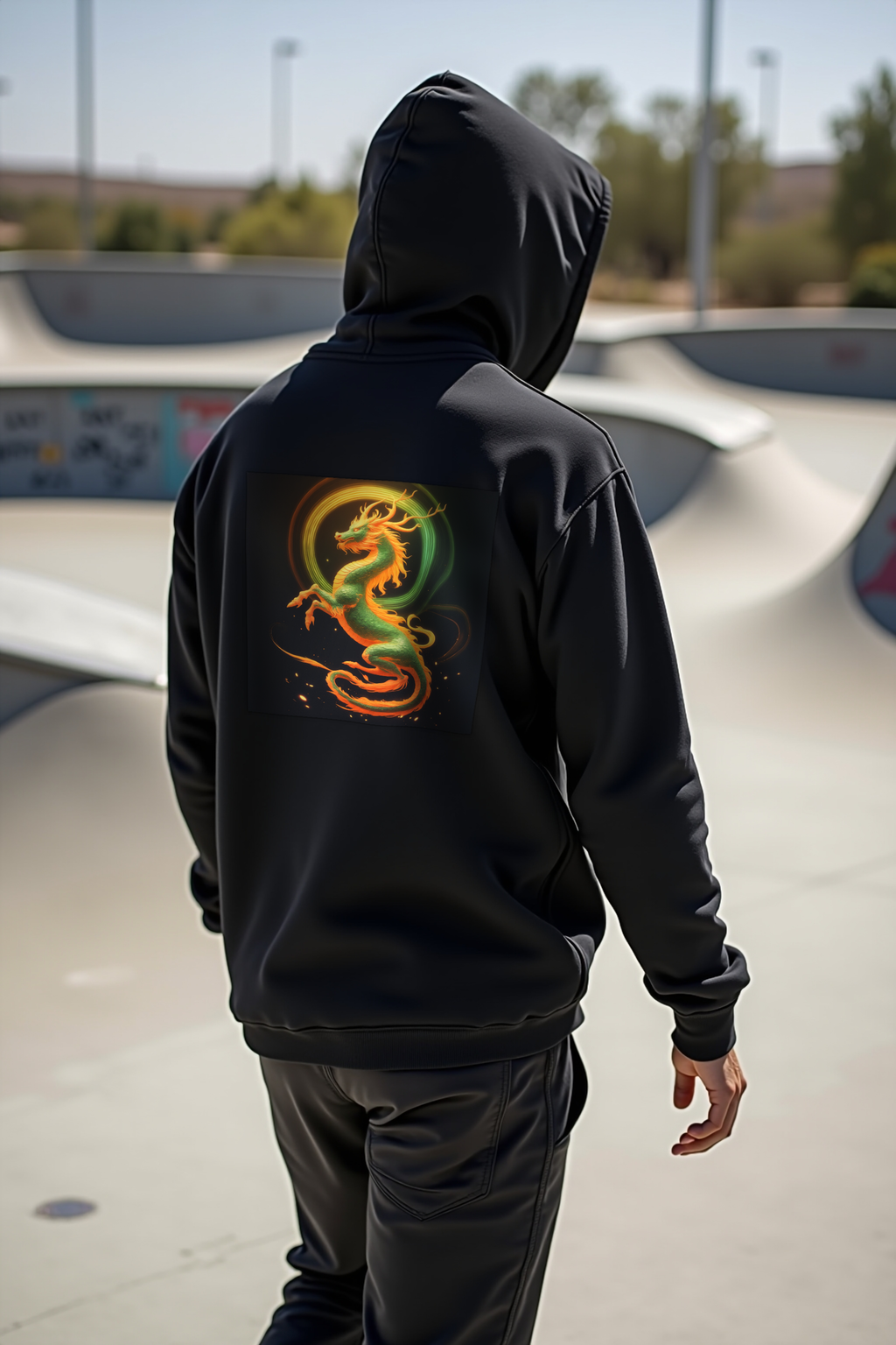 Ancient Flex Qilin black hoodie walking away back