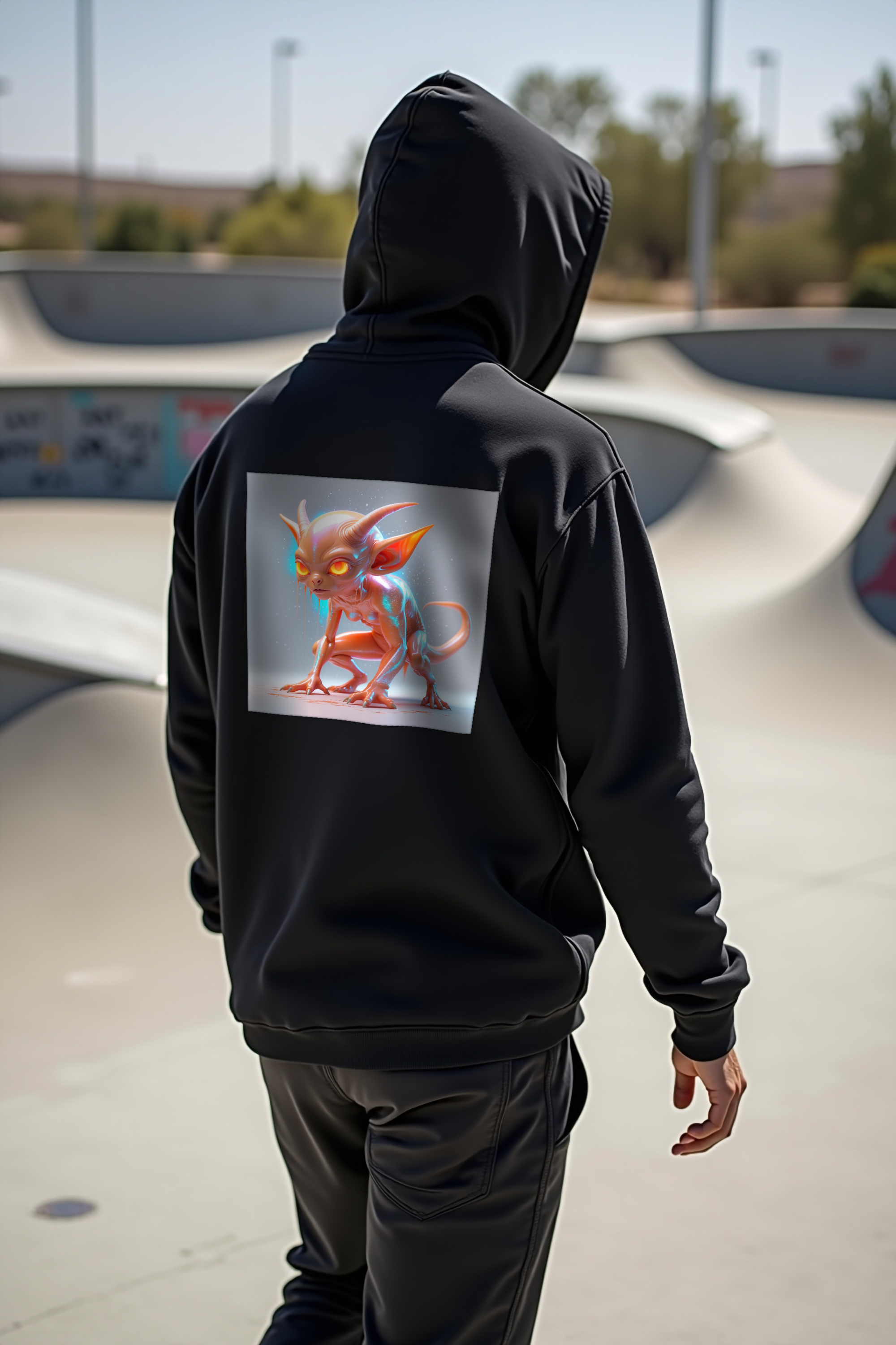 Dover Demon Hoodie - black mockup, walking away back