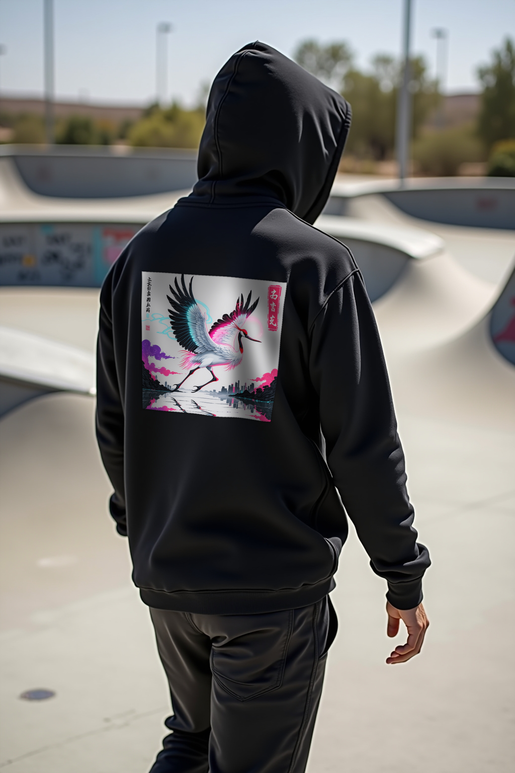 Crane Cityscape Hoodie Black Walking Away Back