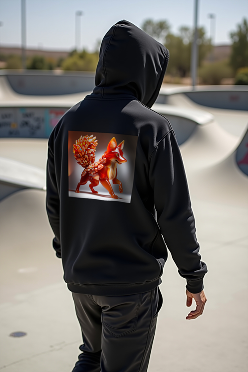 Carnelian Fox hoodie - black, walking away, back view