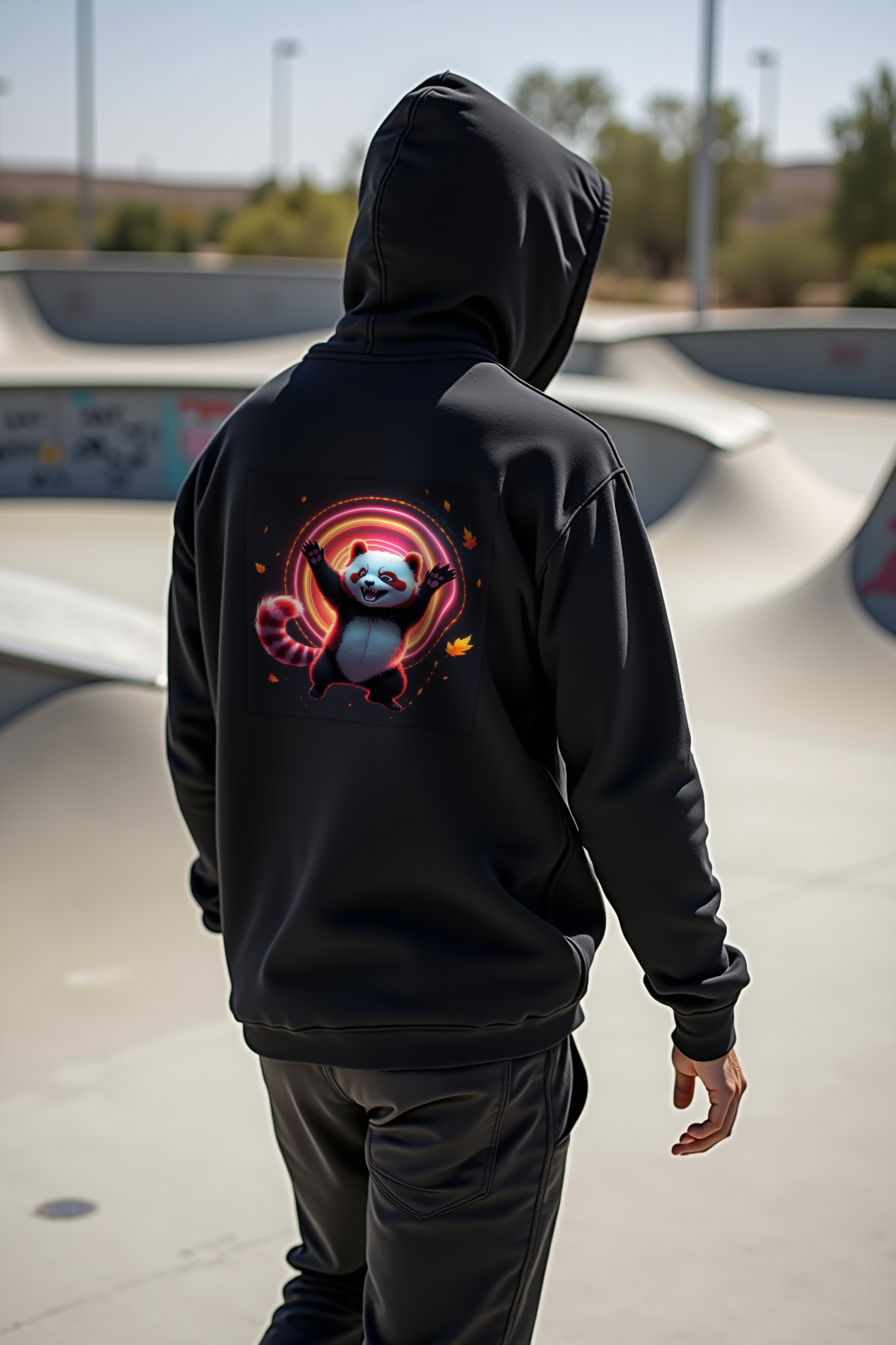 Soft Chaos Red Panda hoodie black walking