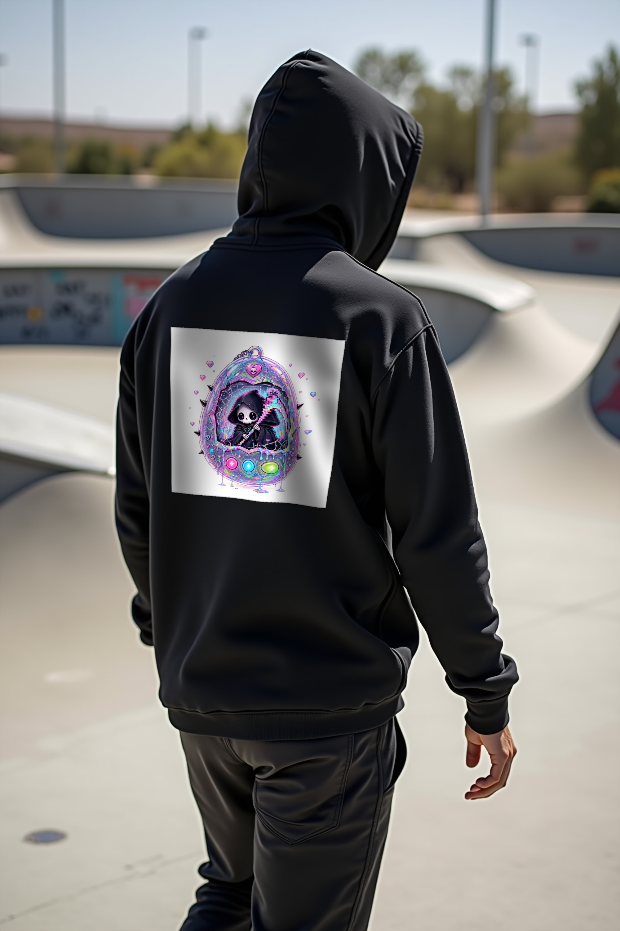 Tamagotchi Reaper hoodie - black mannequin walking away