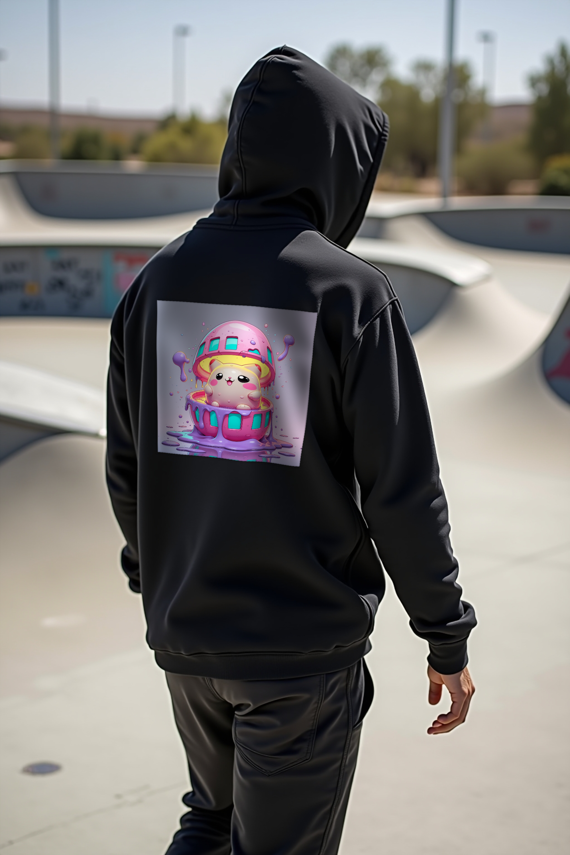 Tamagotchi Phantom hoodie mockup black back walking