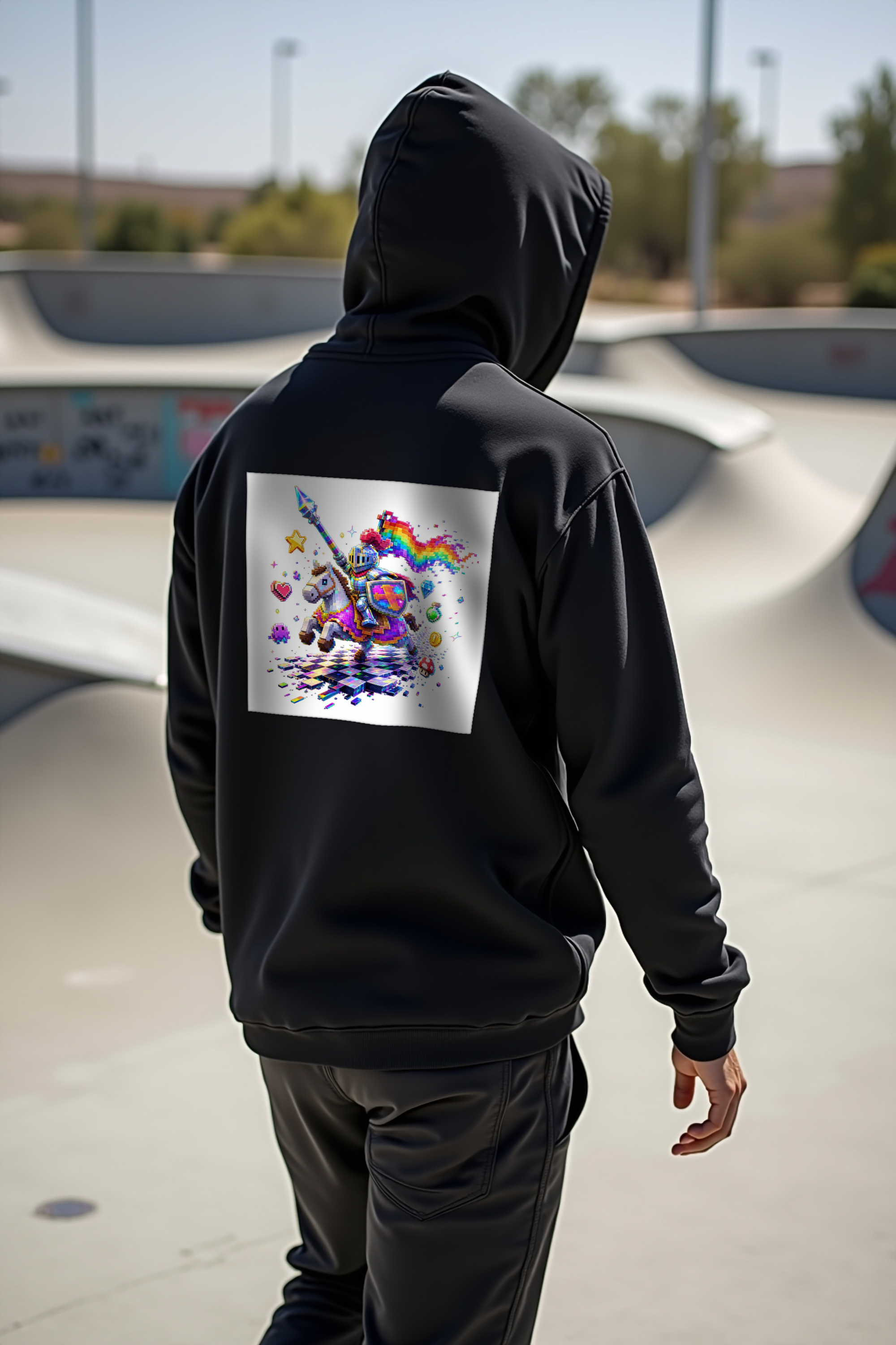 Pixel Knight on Pixel Steed black hoodie mannequin walking away back view