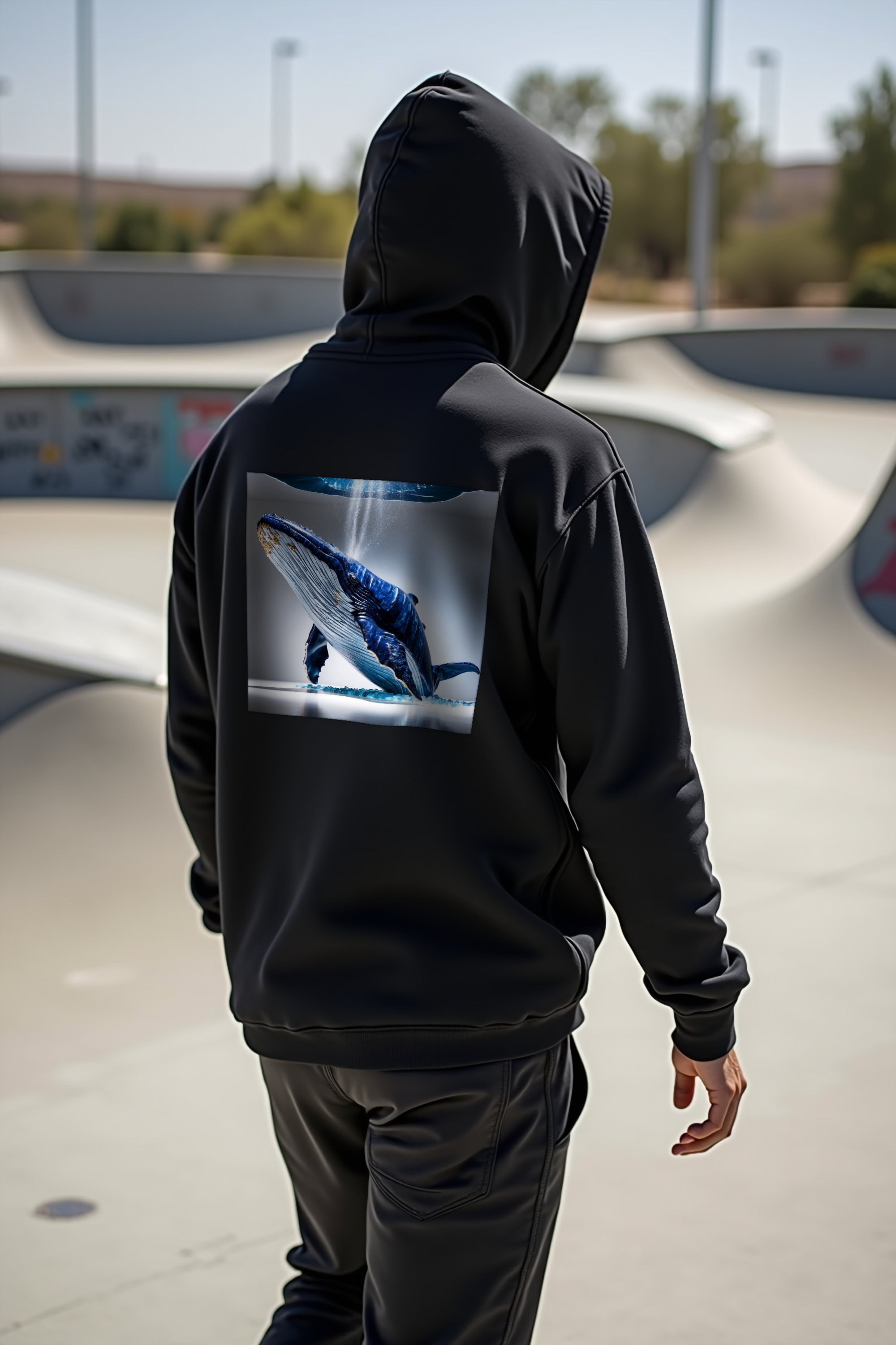 Sapphire Whale hoodie black back walking away