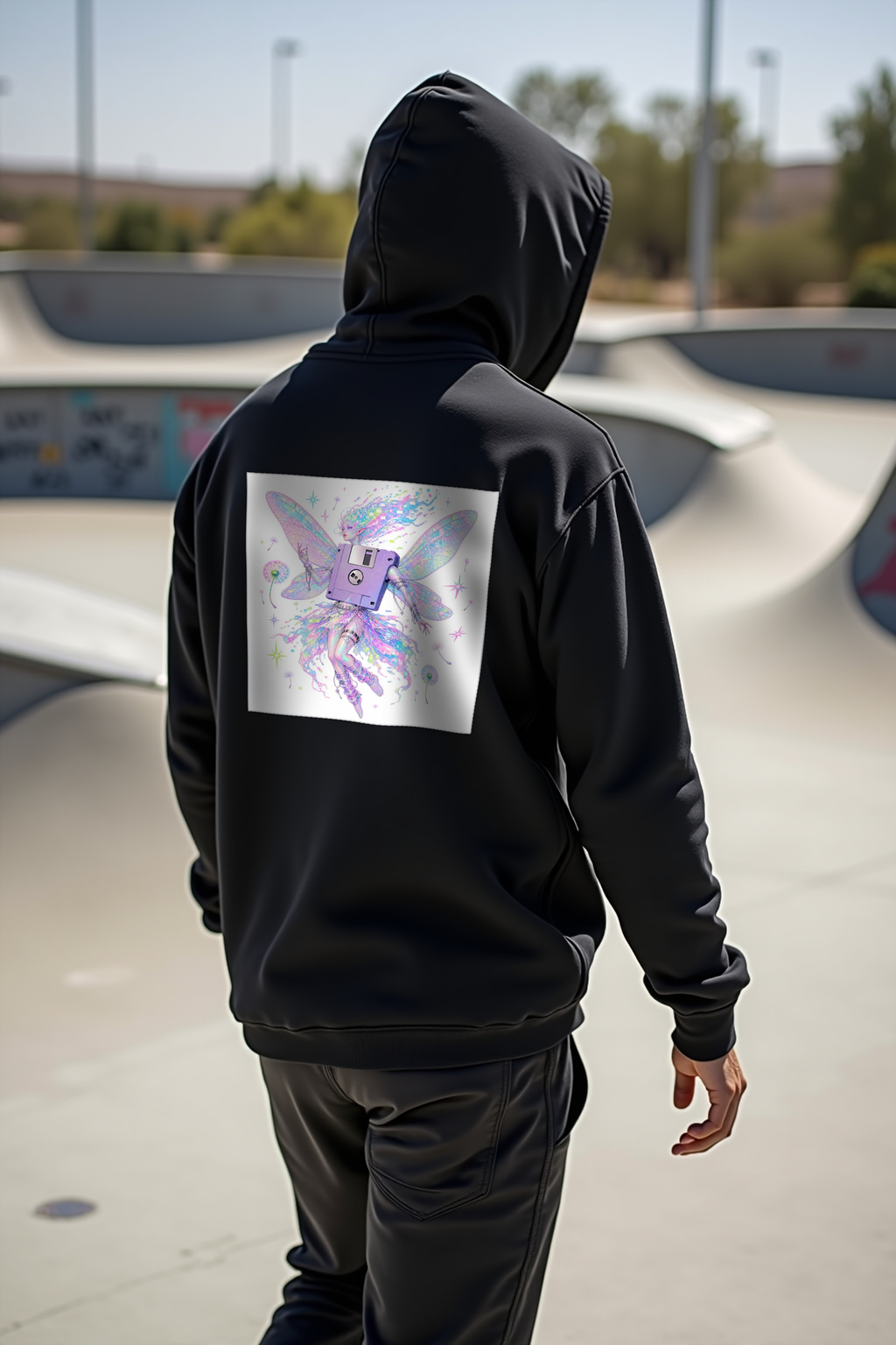 Floppy Disk Fairy black hoodie mannequin walking away back view