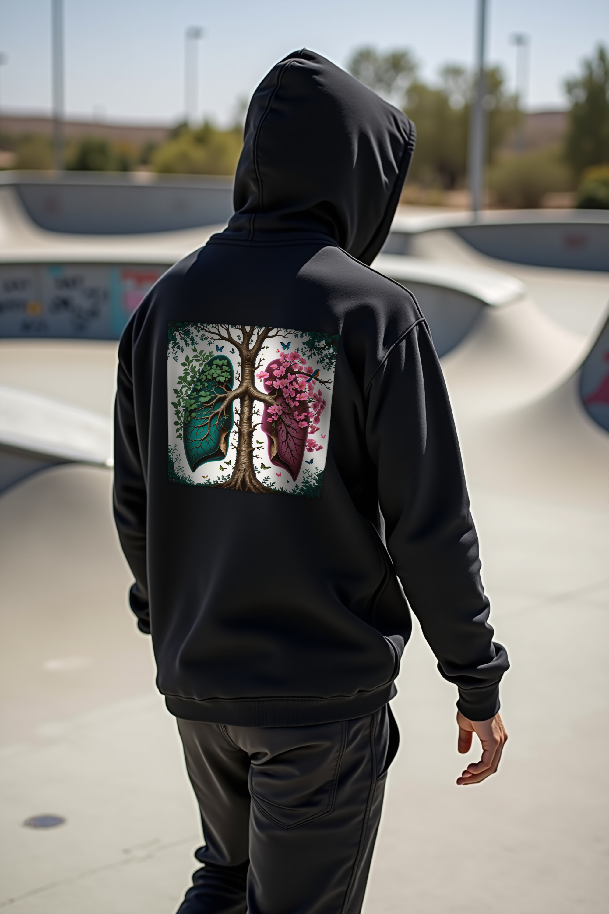 Arboreal Lungs hoodie black back walking