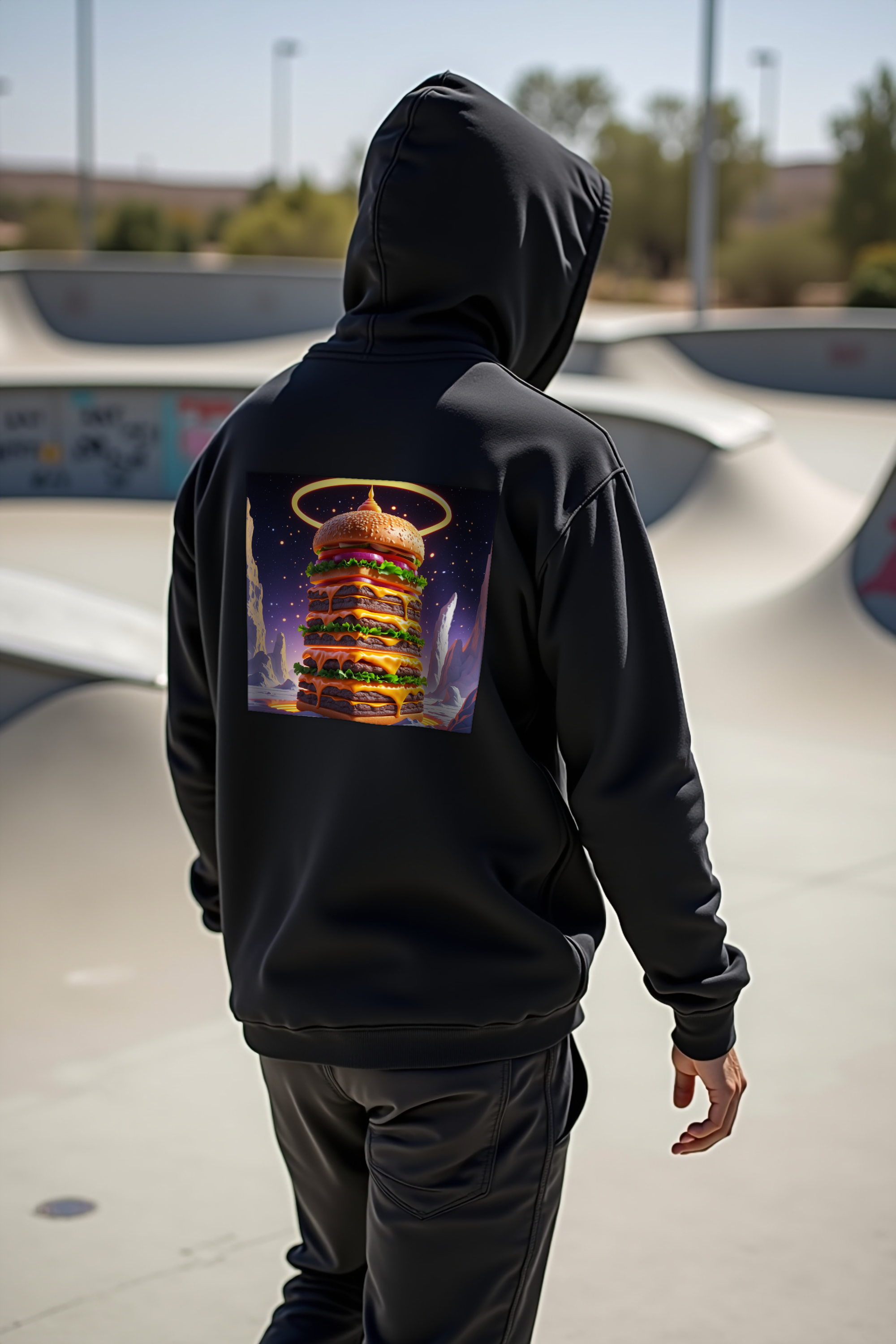 Fractal Cheeseburger Hoodie Black walking away back