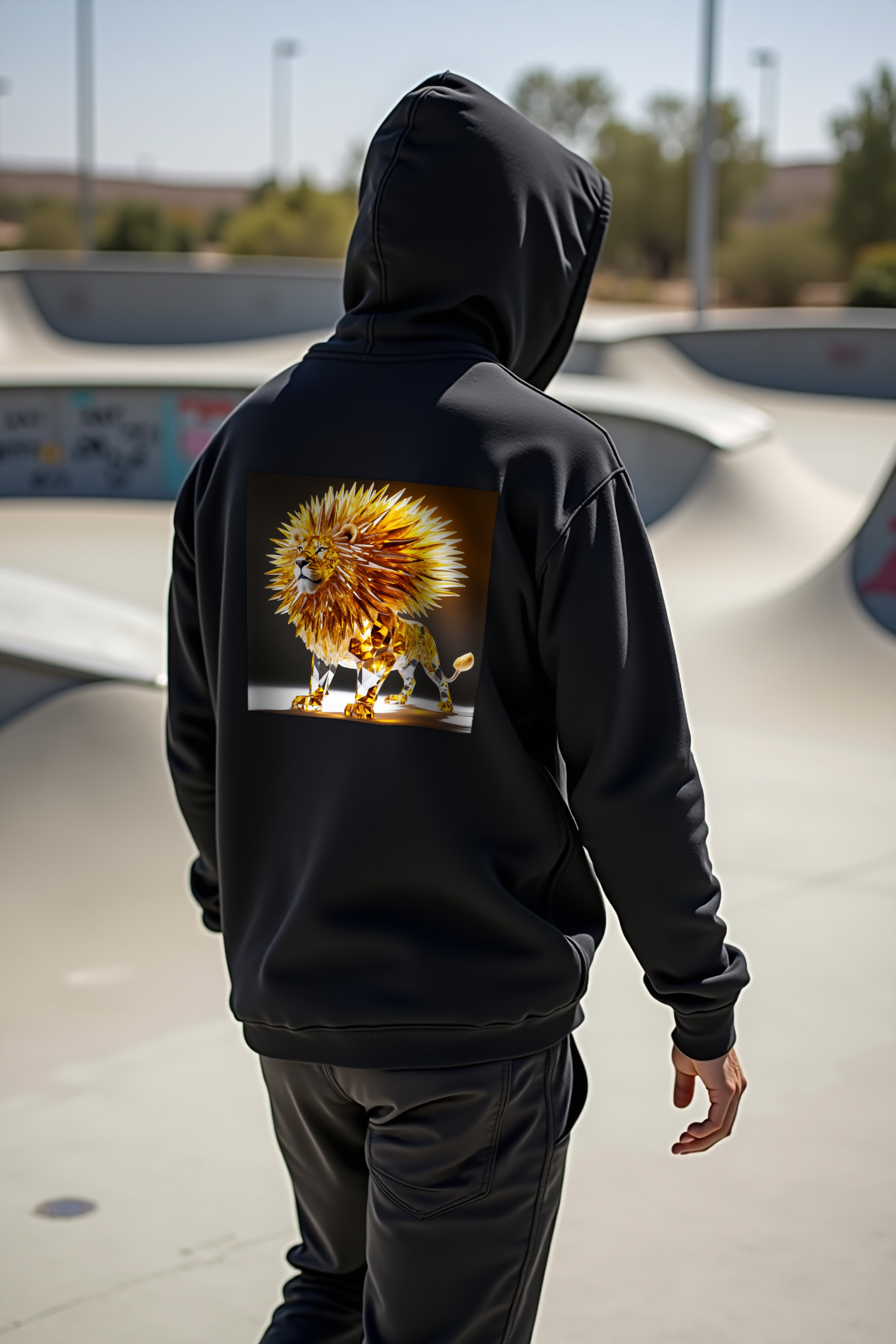 Citrine Lion Hoodie Black Back Walking