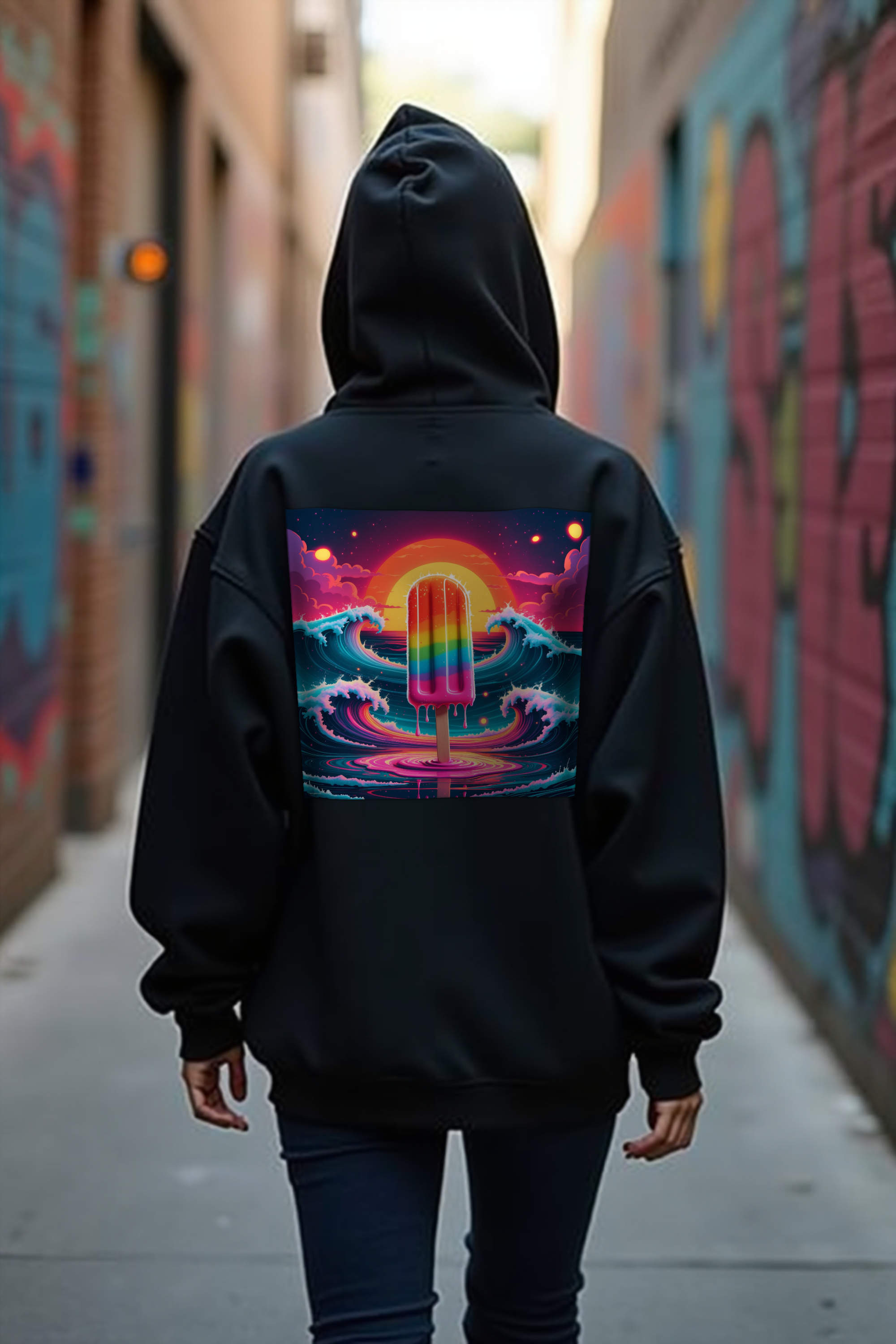 Rainbow Bomb Popsicle hoodie black walking back
