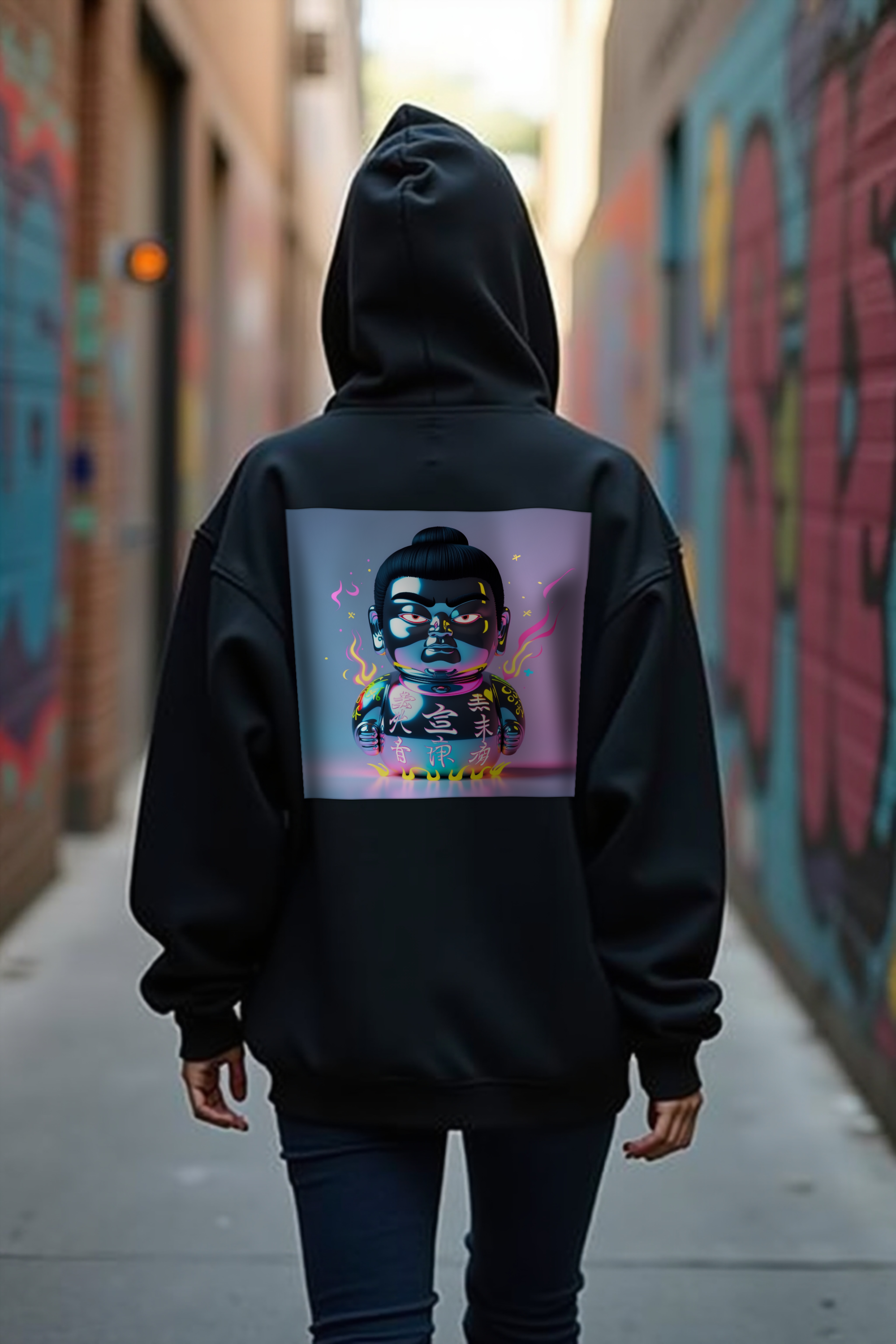 Chrome Daruma hoodie black graffiti alley back