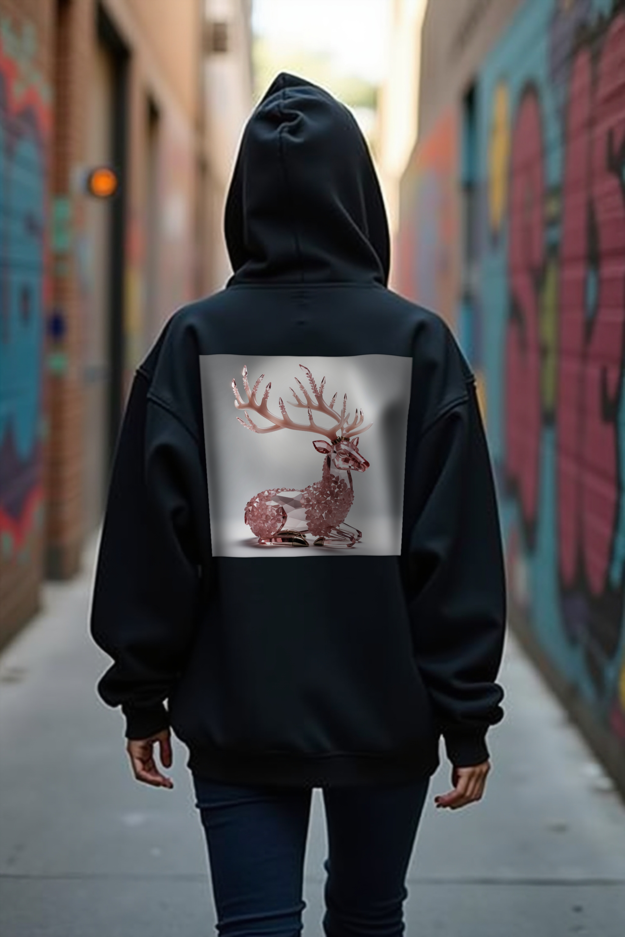 Rose Quartz Stag Hoodie - black back walking away