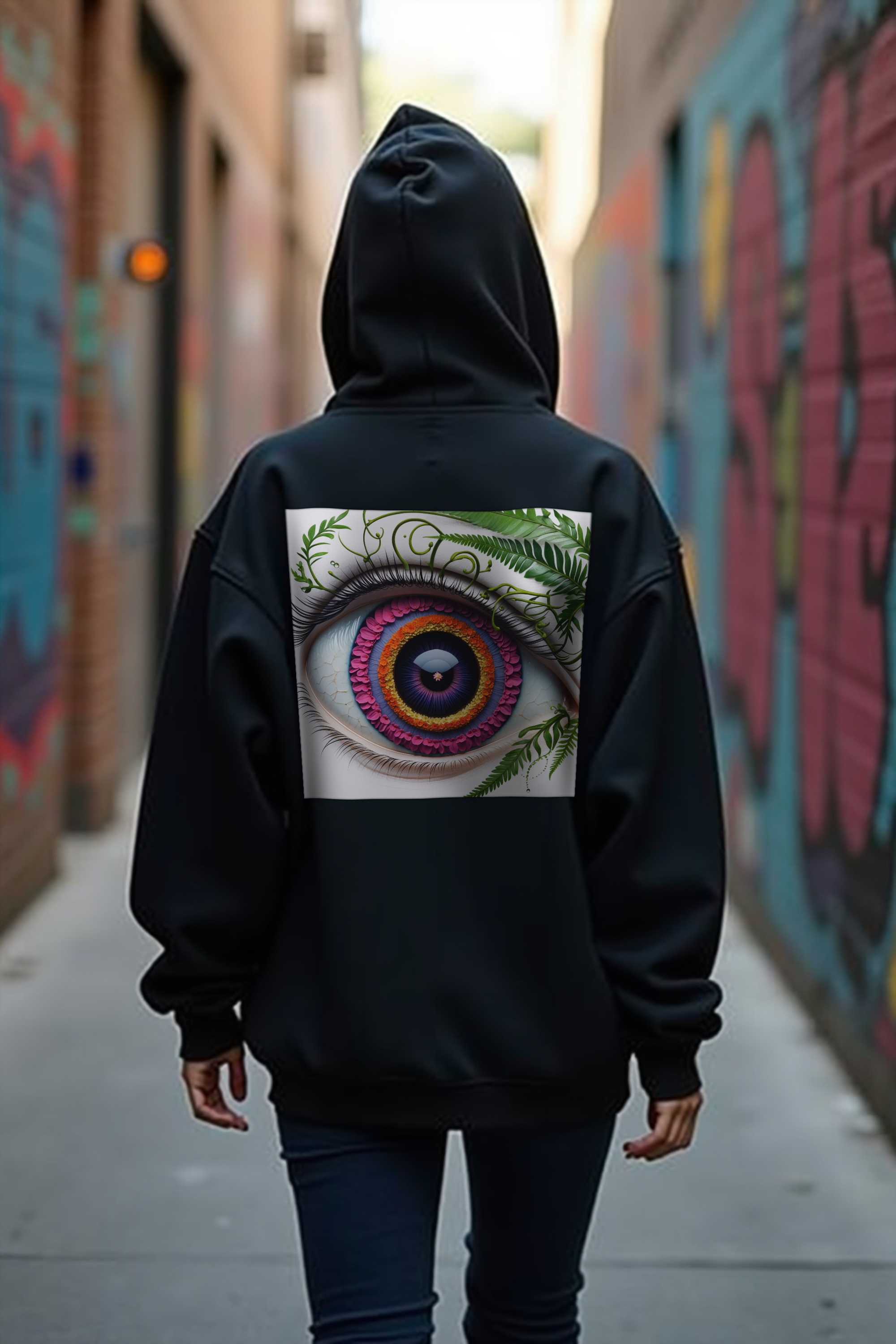 Botanical Eye hoodie black back walking