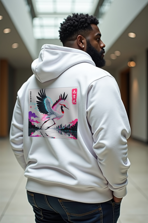Crane Cityscape Hoodie White Curvy Shoulder Shrug Back