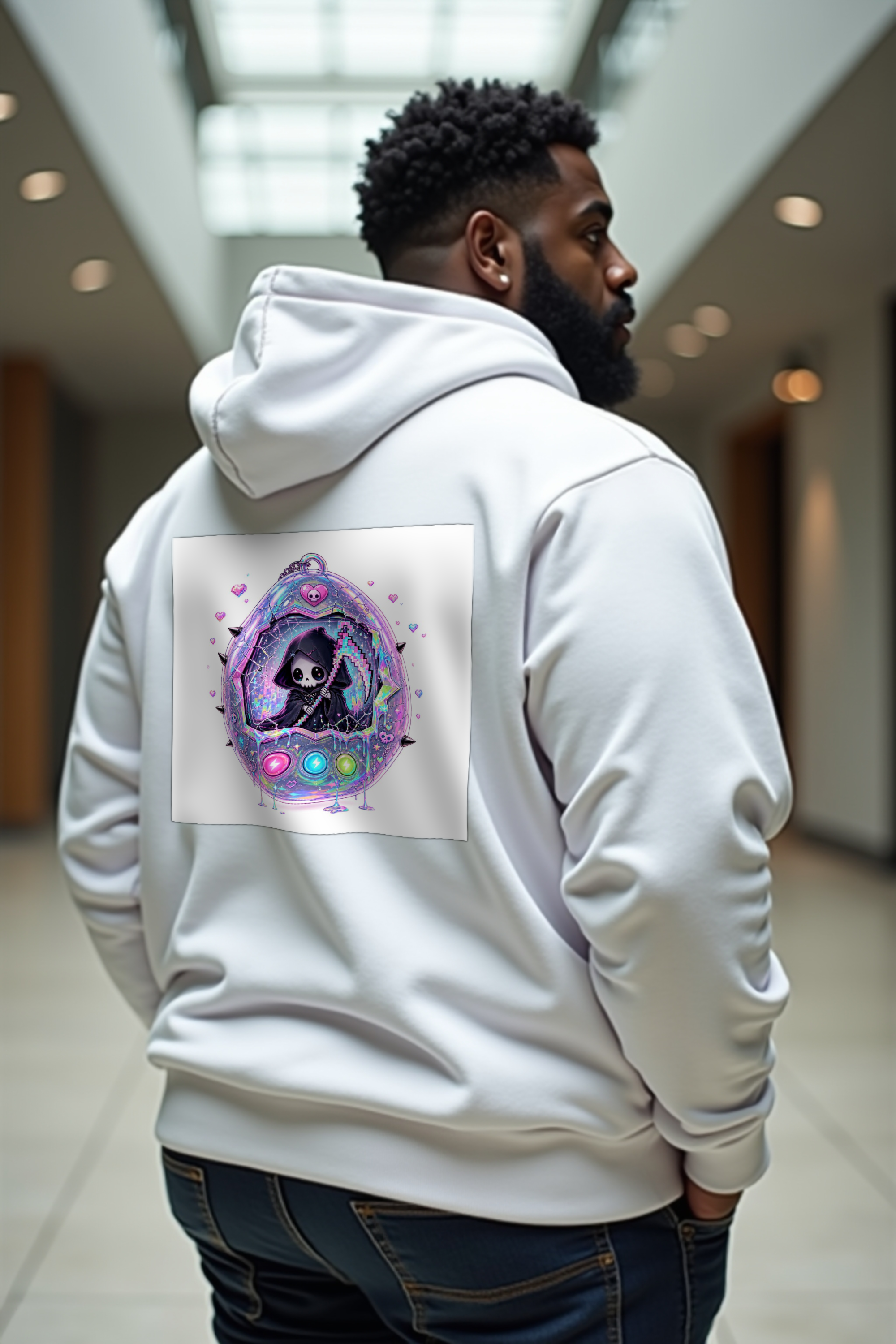 Tamagotchi Reaper hoodie - white mannequin shoulder shrug