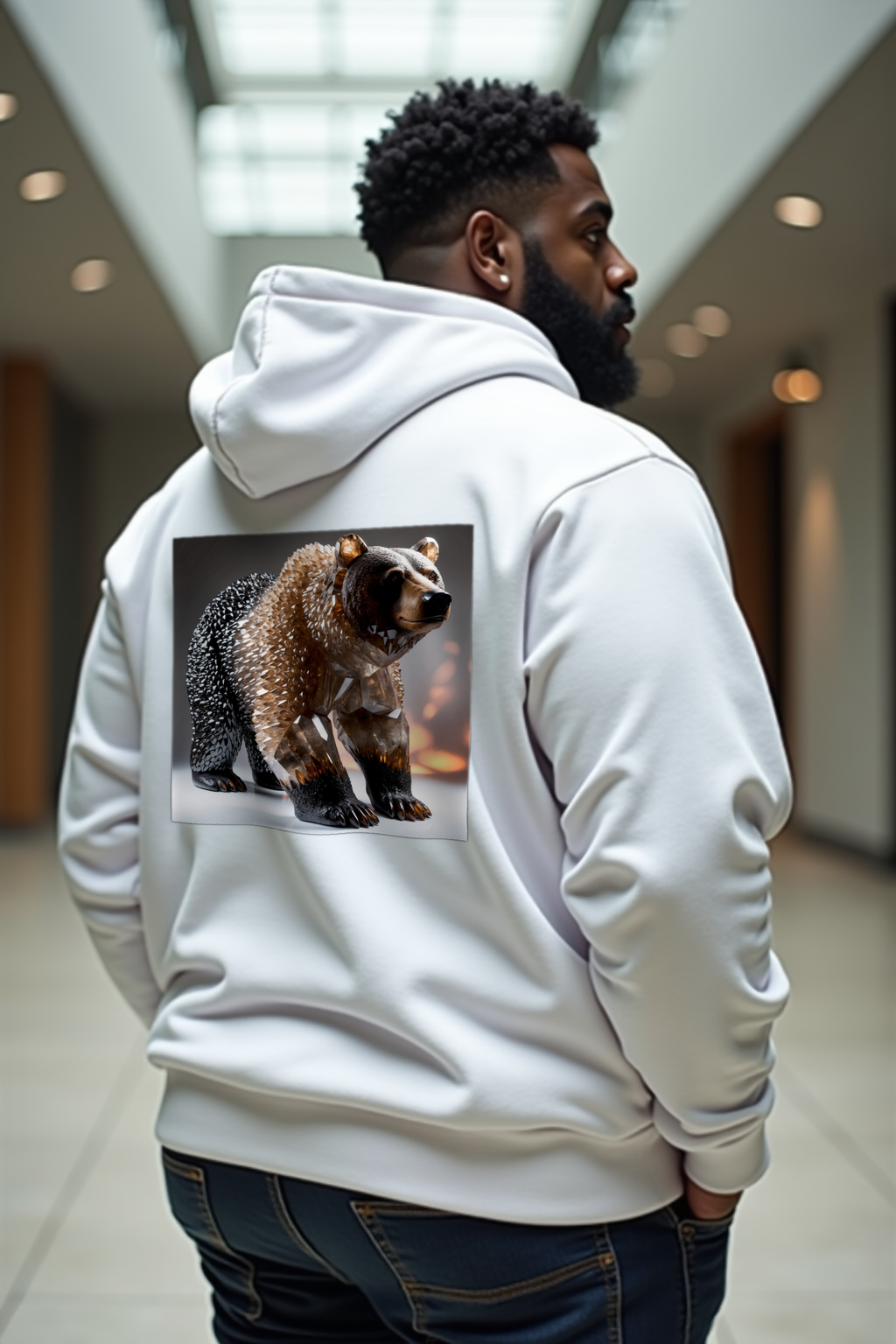 Smoky Quartz Bear Hoodie - White - Shoulder shrug back