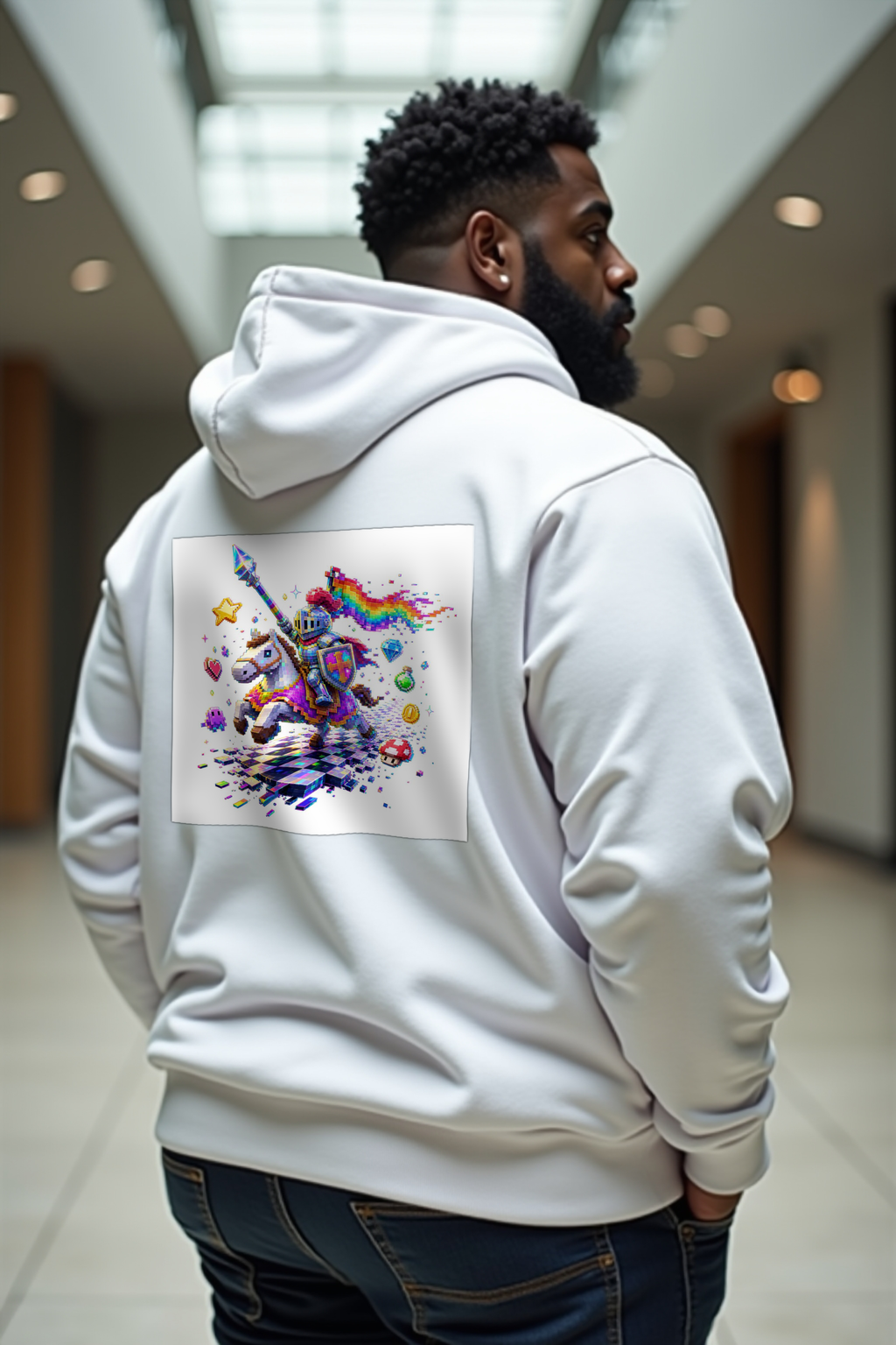 Pixel Knight on Pixel Steed white hoodie mannequin shoulder shrug back left 45
