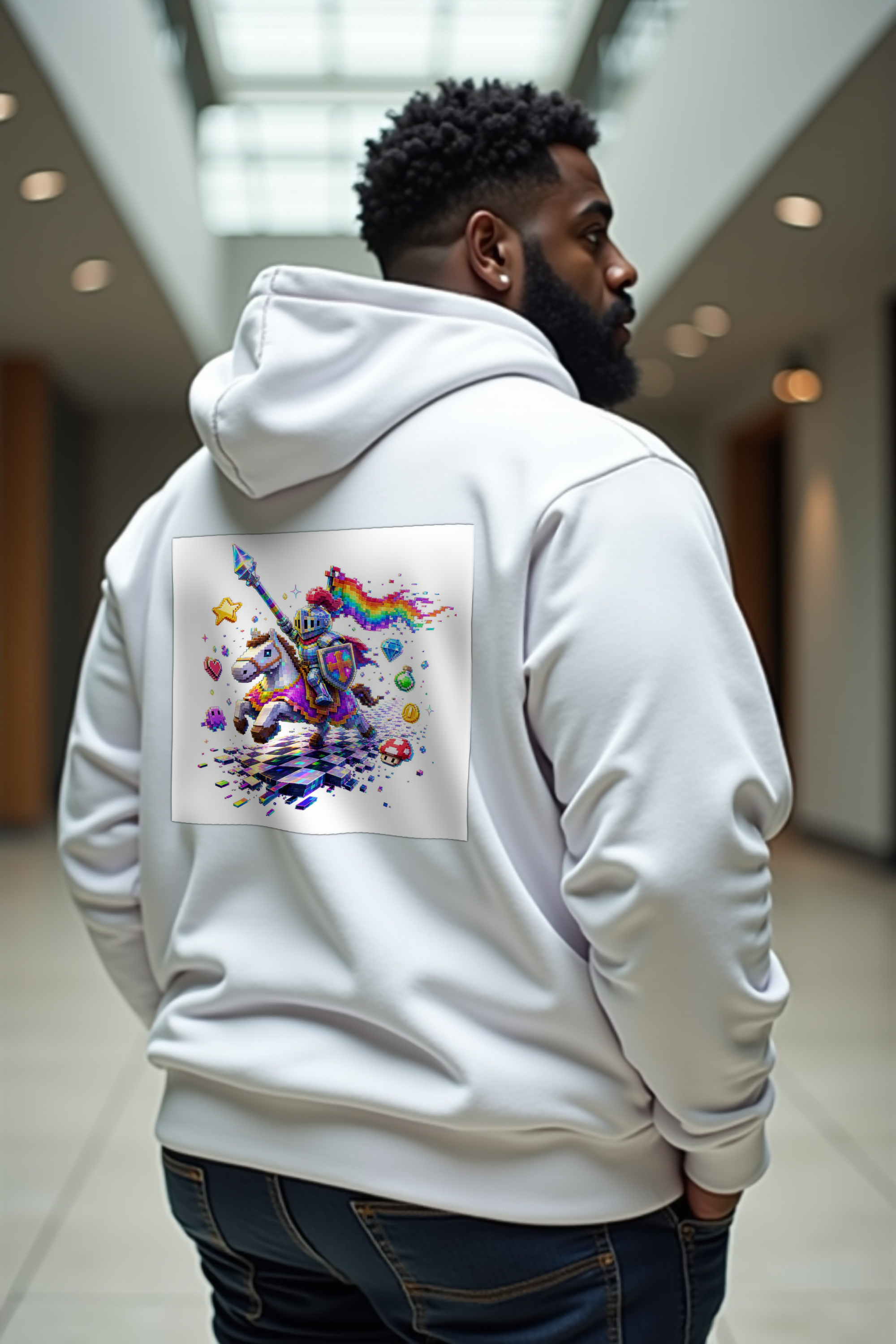 Pixel Knight on Pixel Steed white hoodie mannequin shoulder shrug back left 45