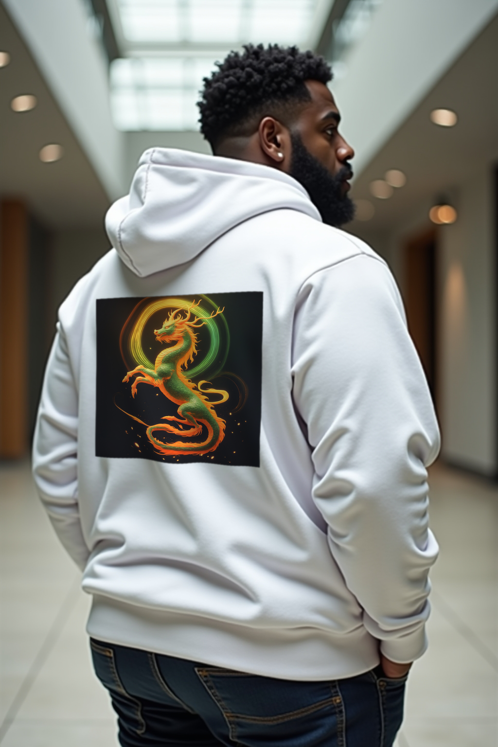 Ancient Flex Qilin white hoodie shoulder shrug back