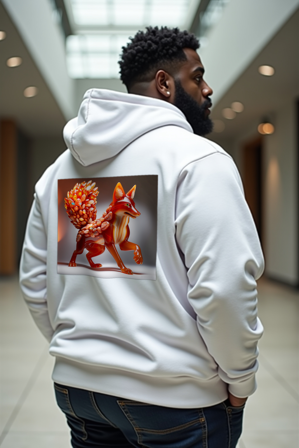 Carnelian Fox hoodie - white, shoulder shrug, back left 45