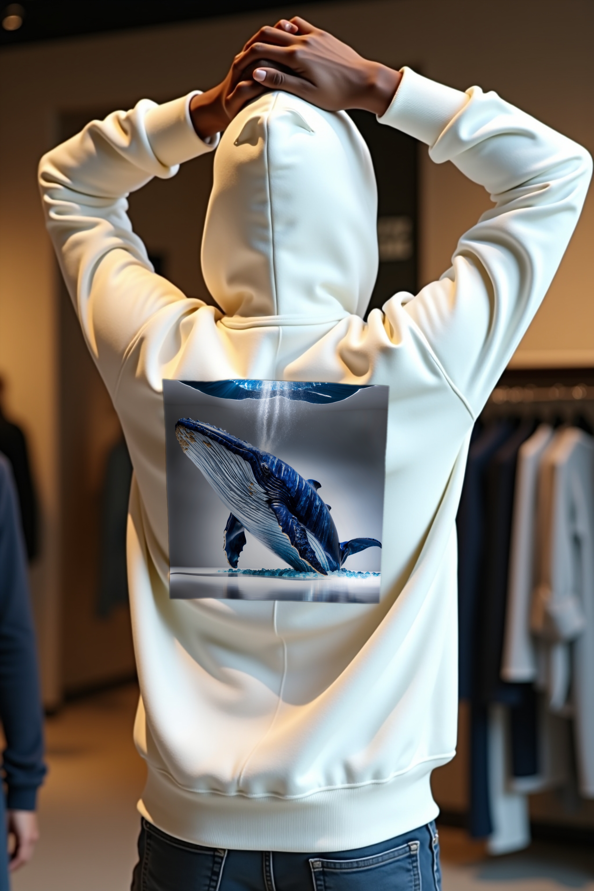 Sapphire Whale hoodie white back stretching arms