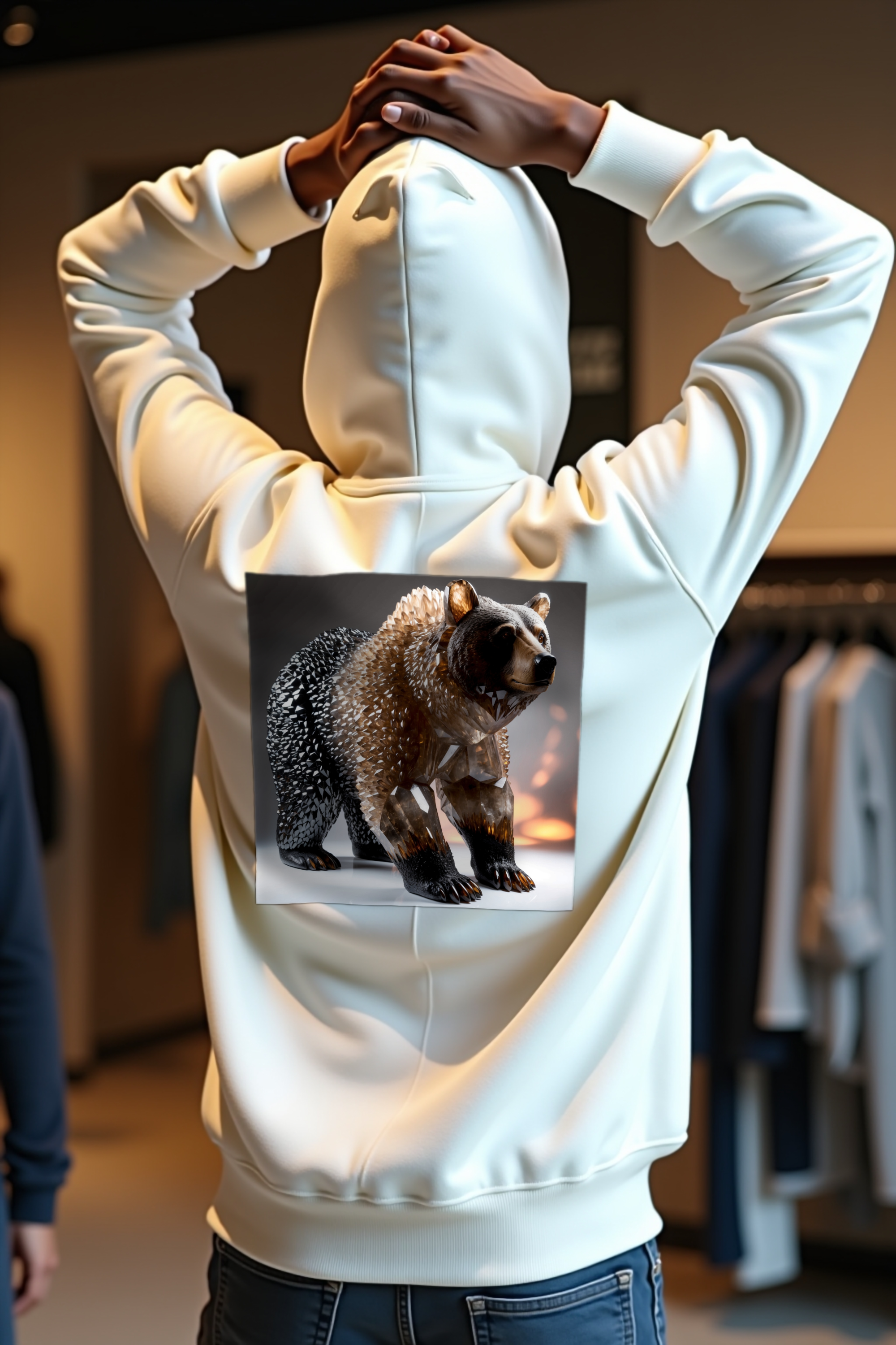 Smoky Quartz Bear Hoodie - White - Stretching arms up back