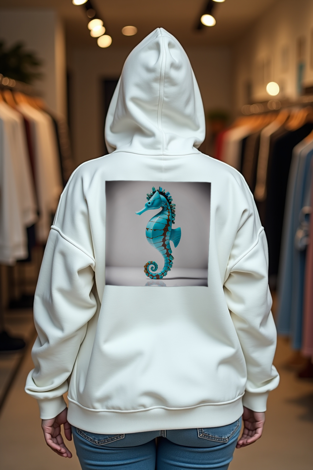 Turquoise Seahorse Hoodie - White - Shoulder shrug back