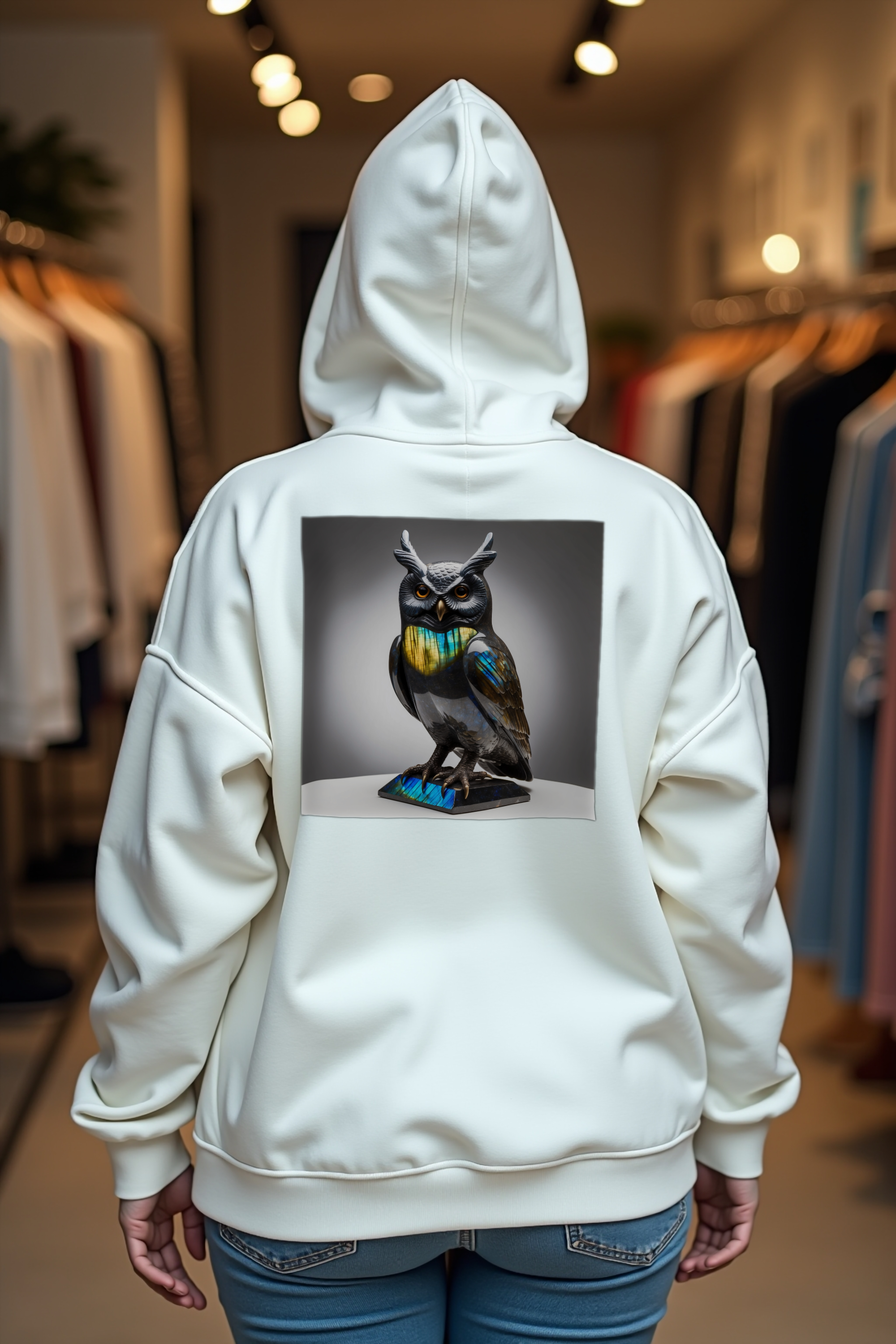 Labradorite Owl hoodie white back shrug