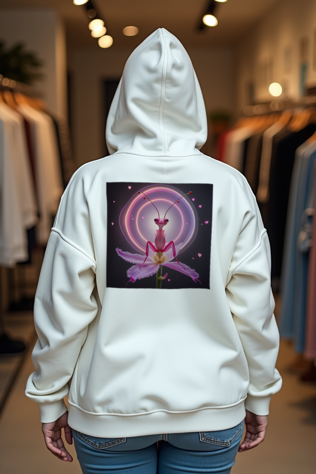 Delulu Orchid Mantis hoodie white shrug