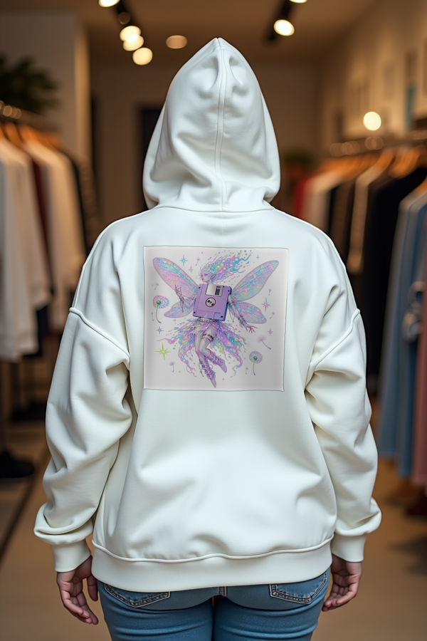 Floppy Disk Fairy white hoodie mannequin shoulder shrug back view