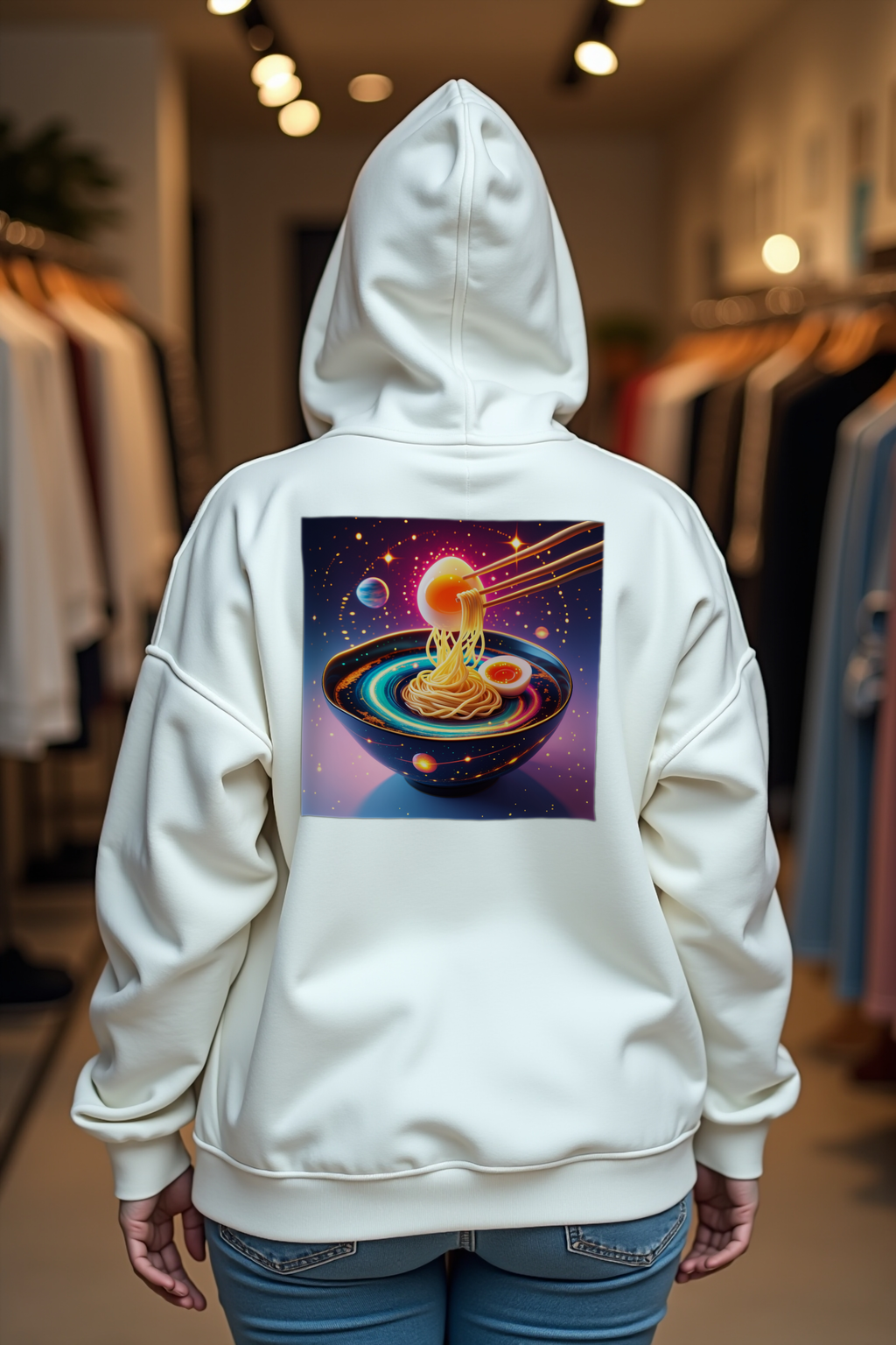 Cosmic Carbonara Hoodie White shoulder shrug back