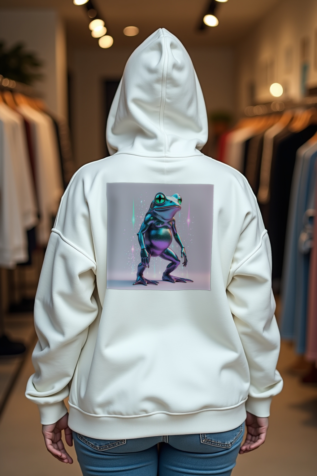 Loveland Frog Hoodie - white mockup, back view, shoulder shrug