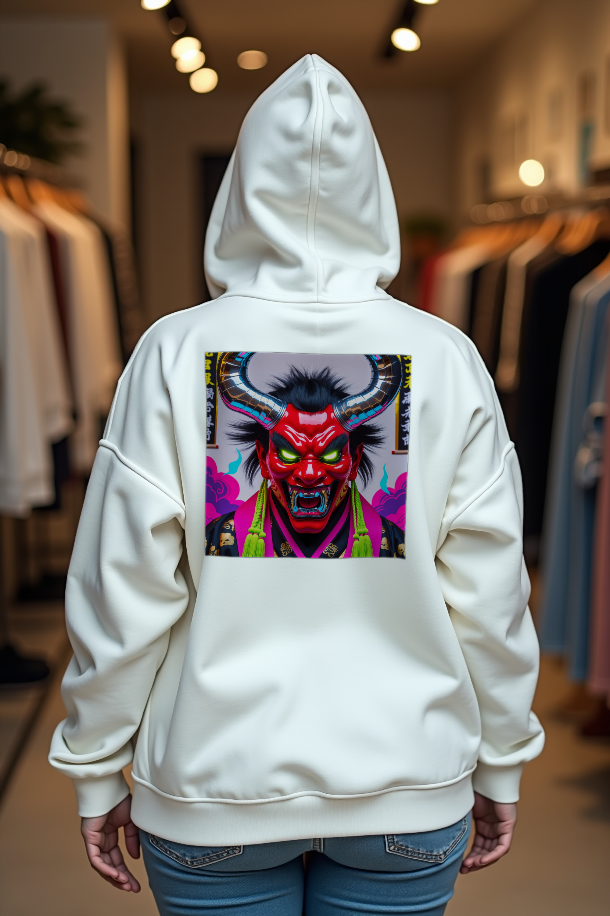 Electric Oni Mask Hoodie White Shoulder Shrug Back