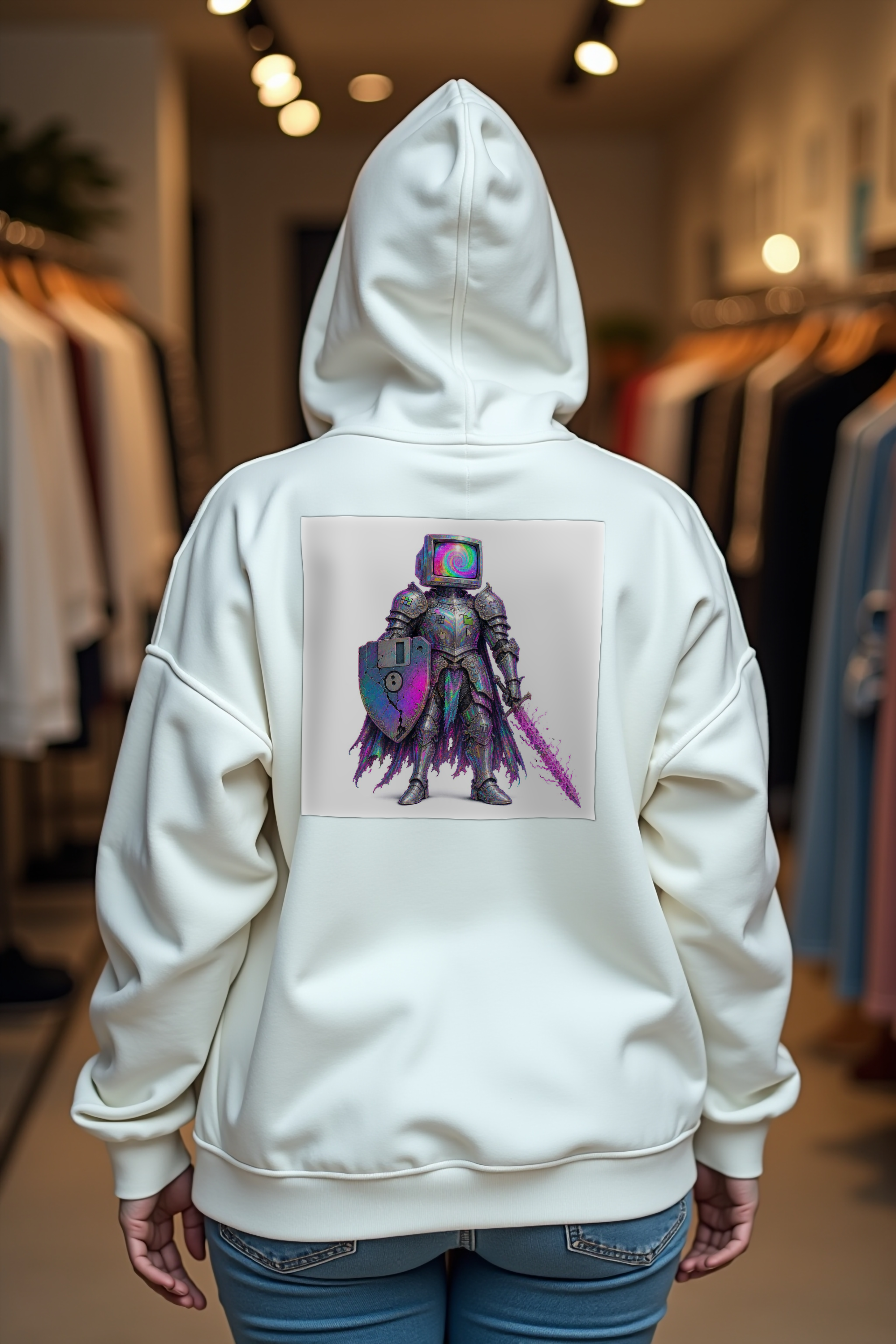 CRT-Head Knight hoodie - white mannequin shoulder shrug