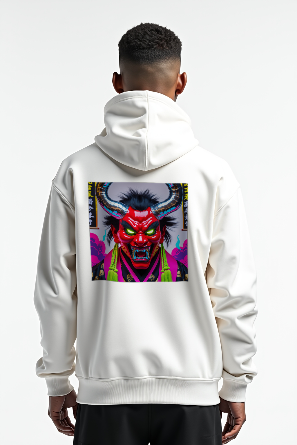 Electric Oni Mask Hoodie White Contrapposto Back