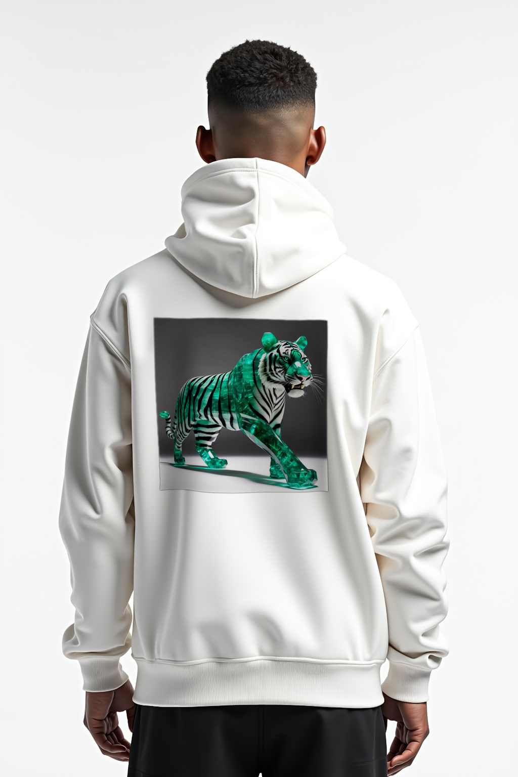 Emerald Tiger hoodie white contrapposto back