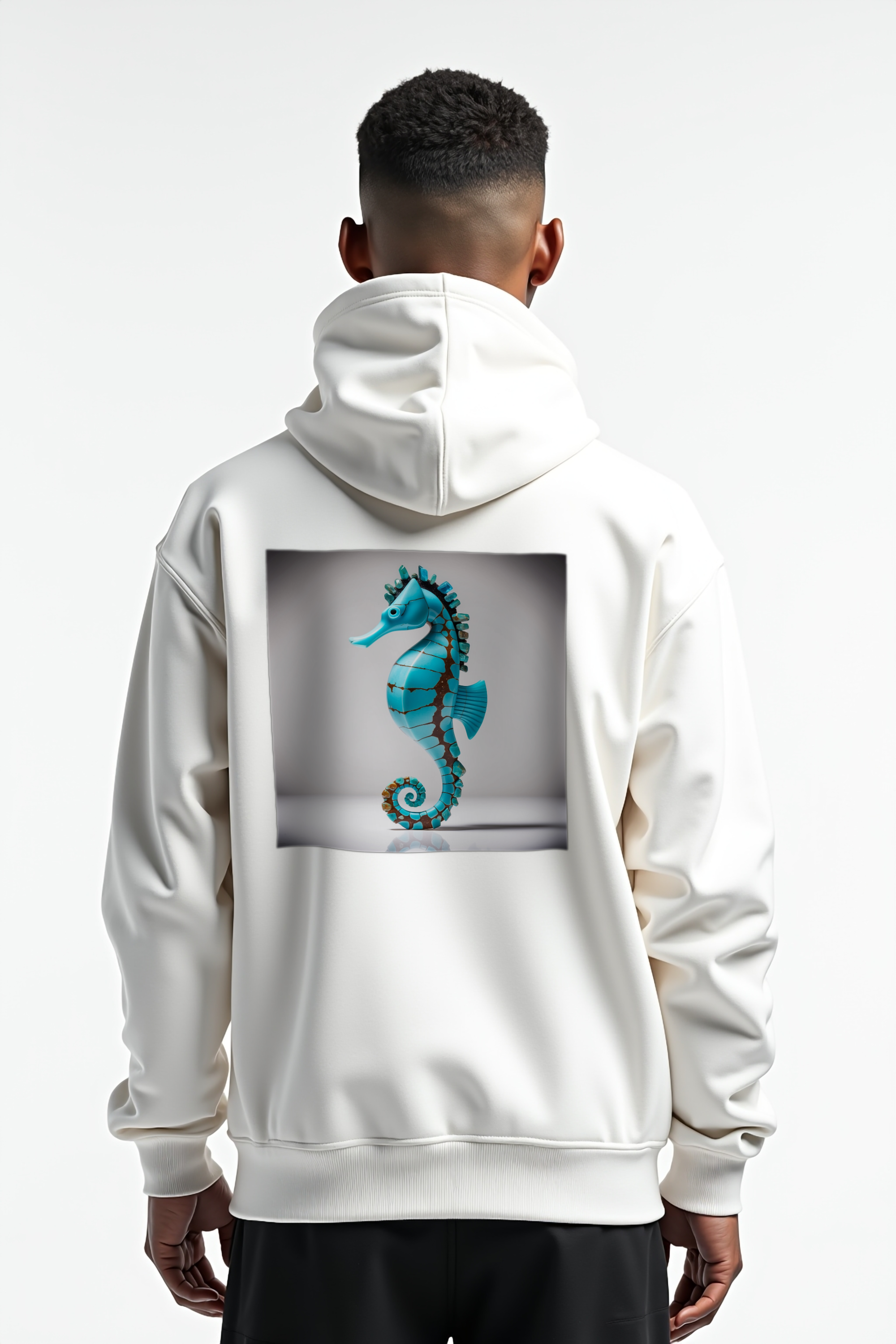 Turquoise Seahorse Hoodie - White - Contrapposto back