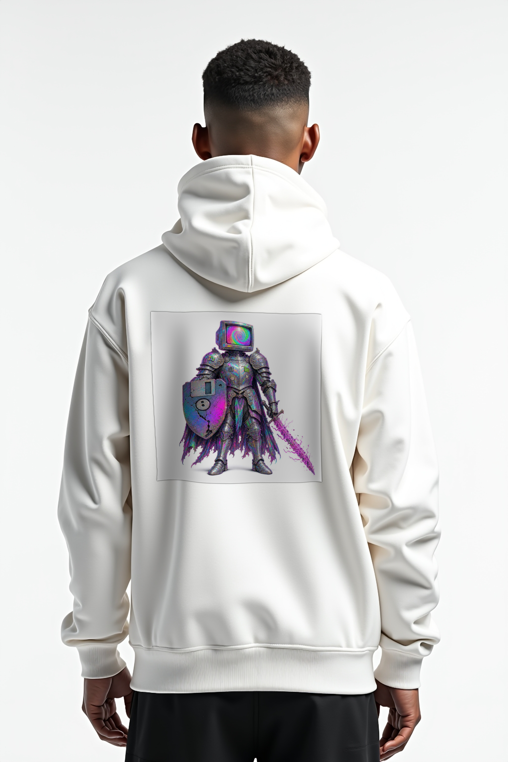 CRT-Head Knight hoodie - white mannequin contrapposto