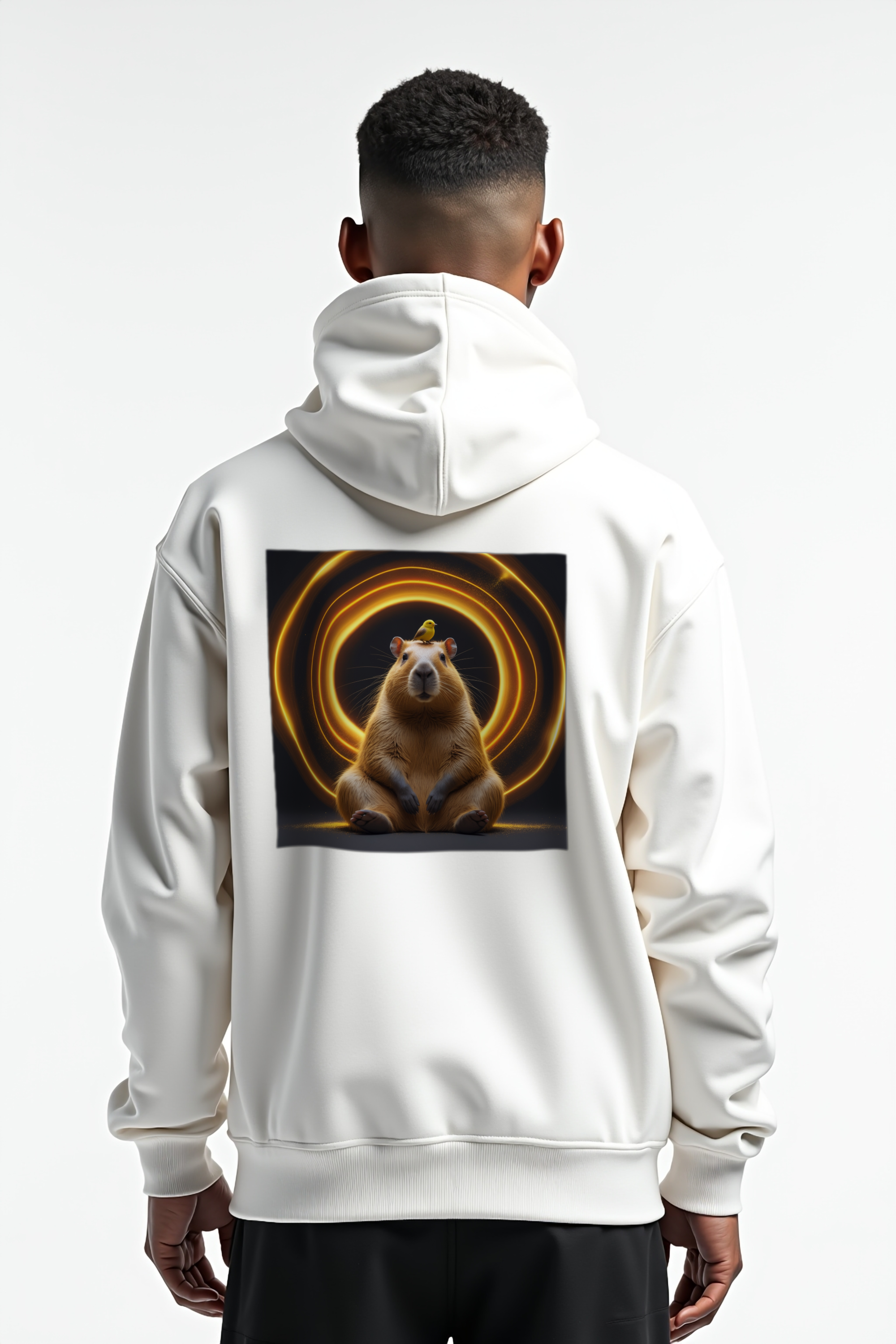 Unbothered King Capybara hoodie white contrapposto back