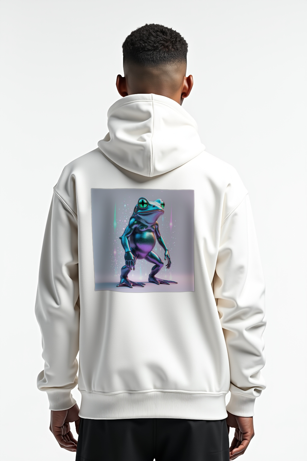 Loveland Frog Hoodie - white mockup, back view, contrapposto