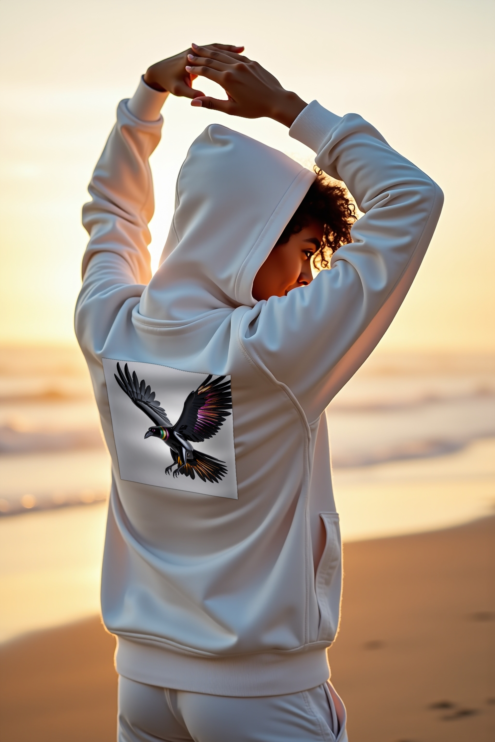 Obsidian Raven Hoodie - white stretching arms