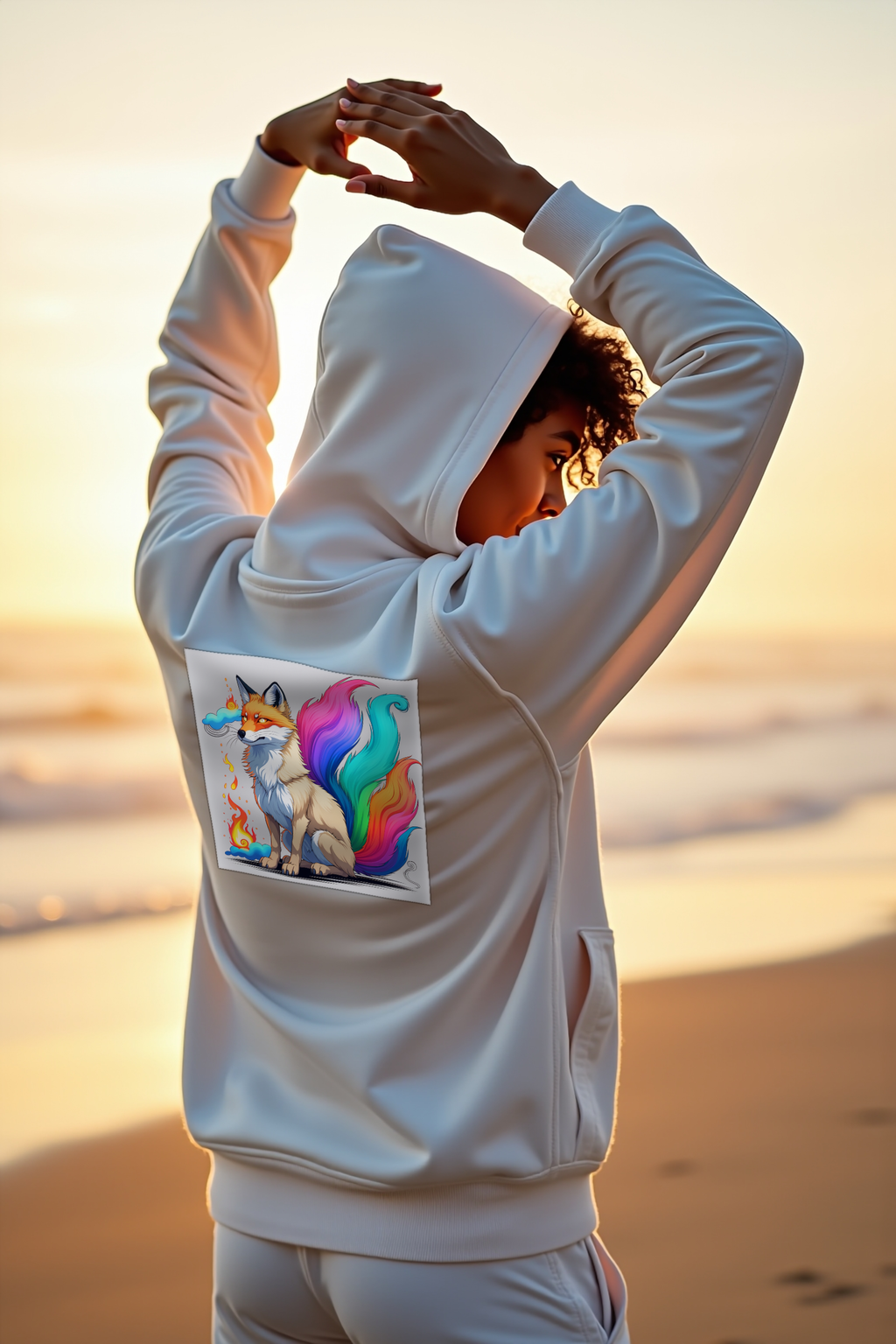 Kitsune Spirit hoodie white stretching arms up back-right