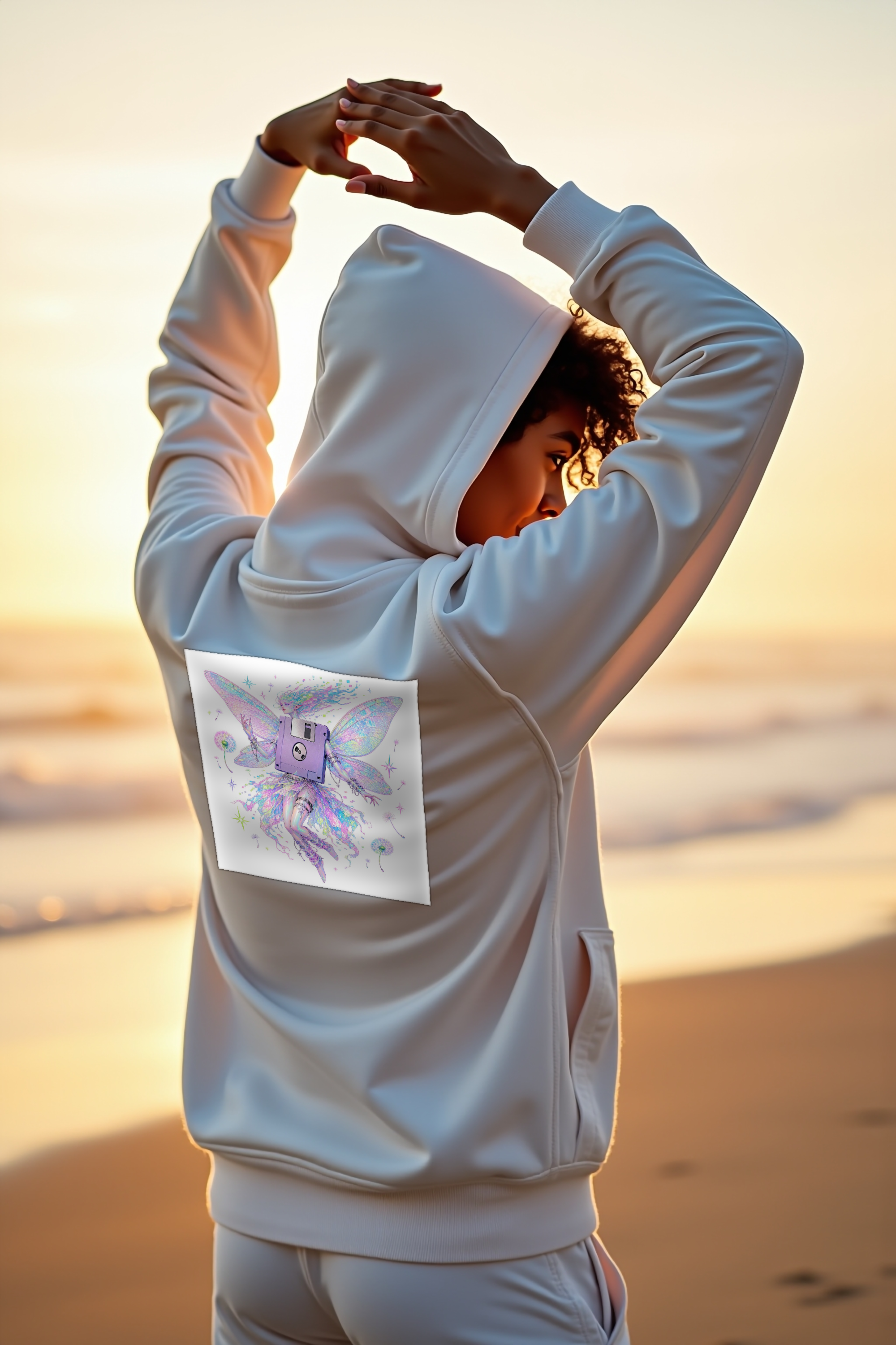 Floppy Disk Fairy white hoodie mannequin stretching arms up back right 45