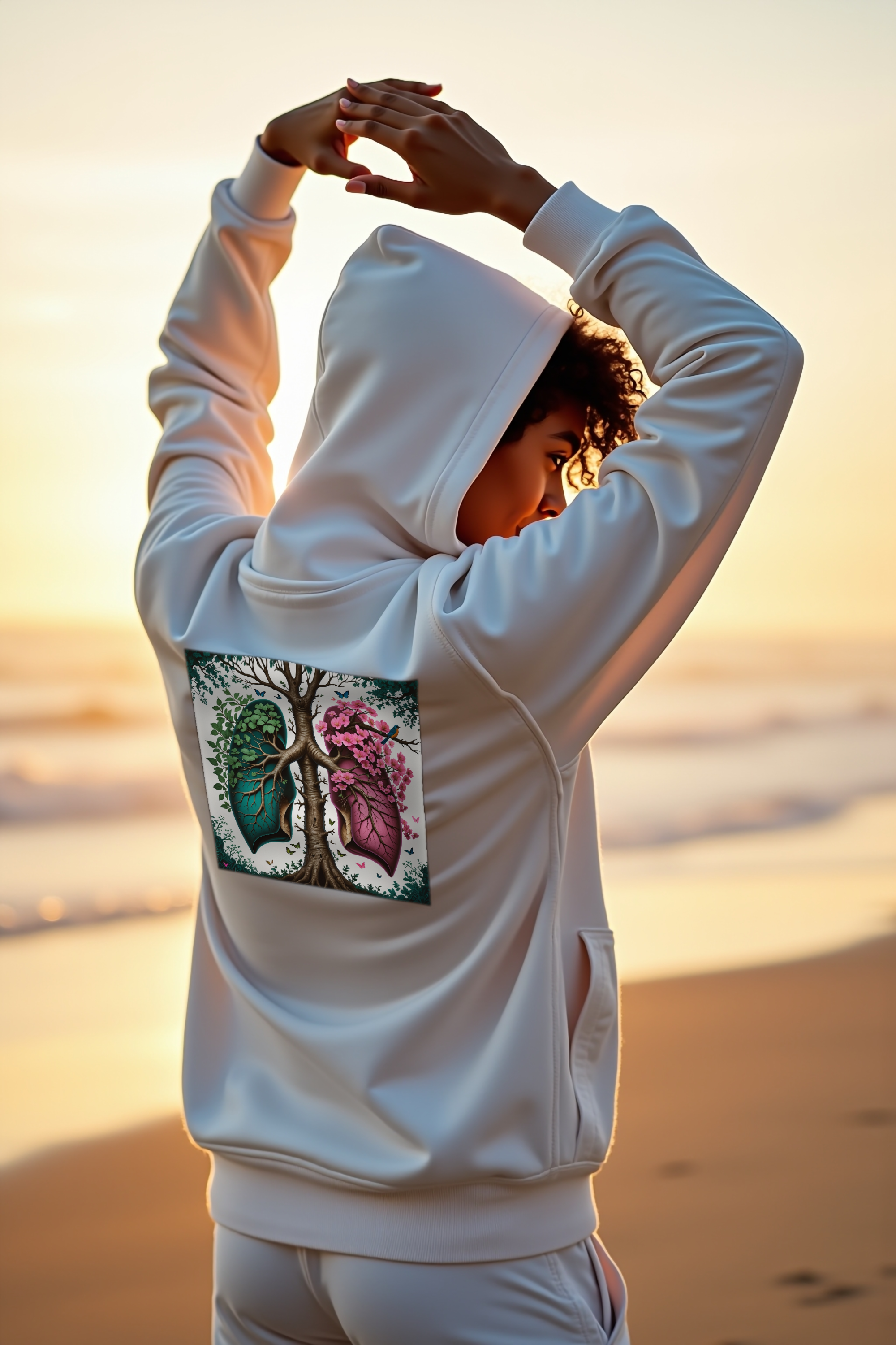 Arboreal Lungs hoodie white back stretching